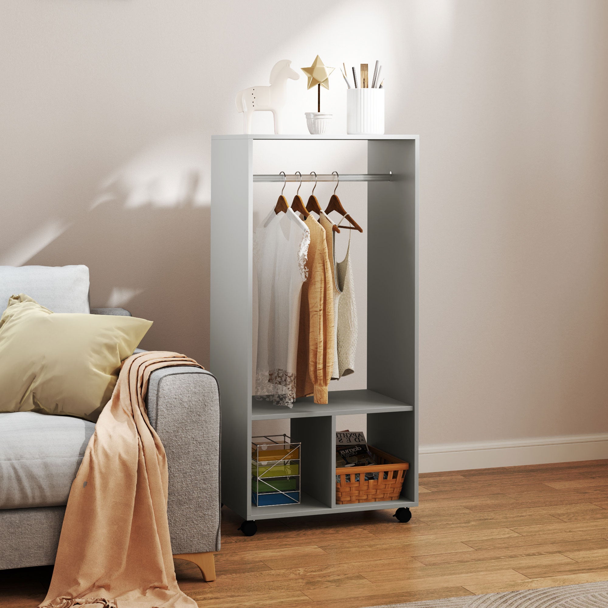 Open Wardrobe on Wheels with Clothes Hanging Rail and Storage Shelves - Grey