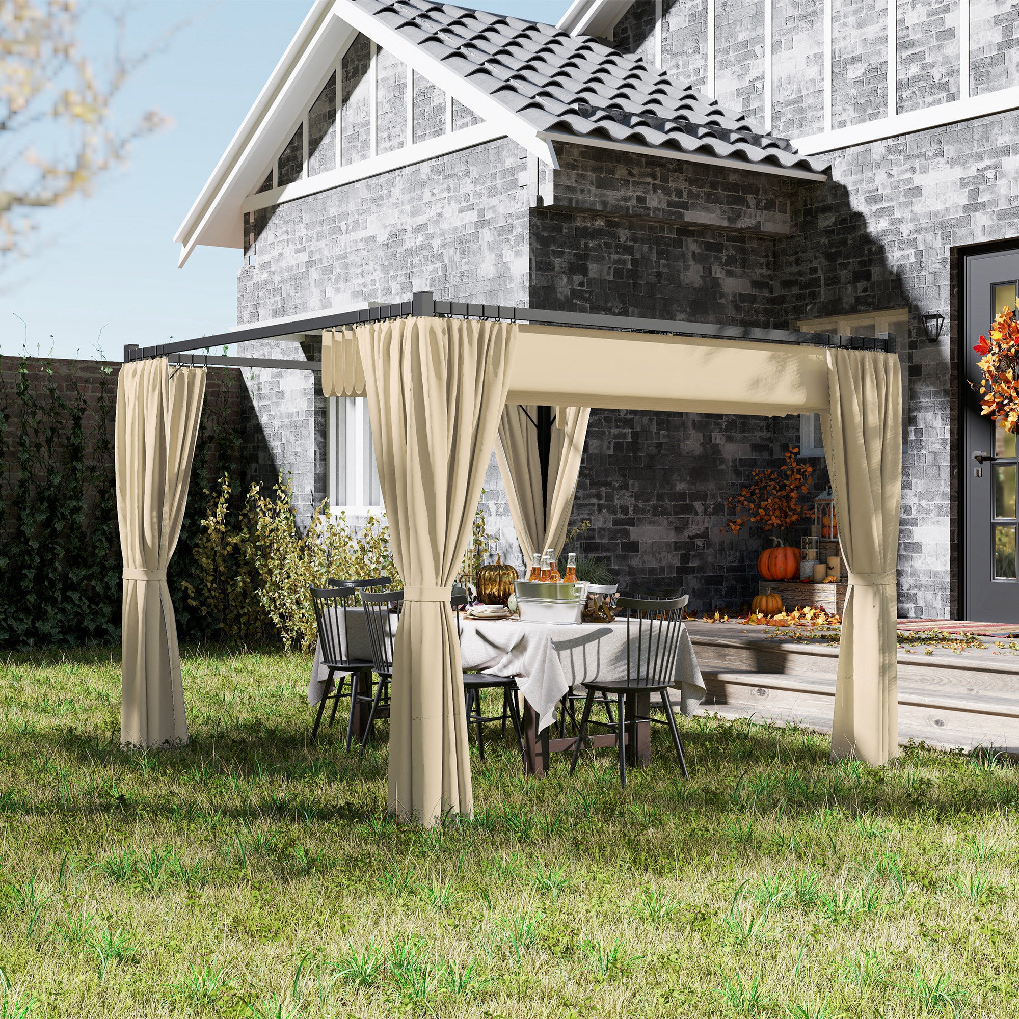3 x 3m Retractable Roof Pergola with Curtains and Metal Frame - Khaki