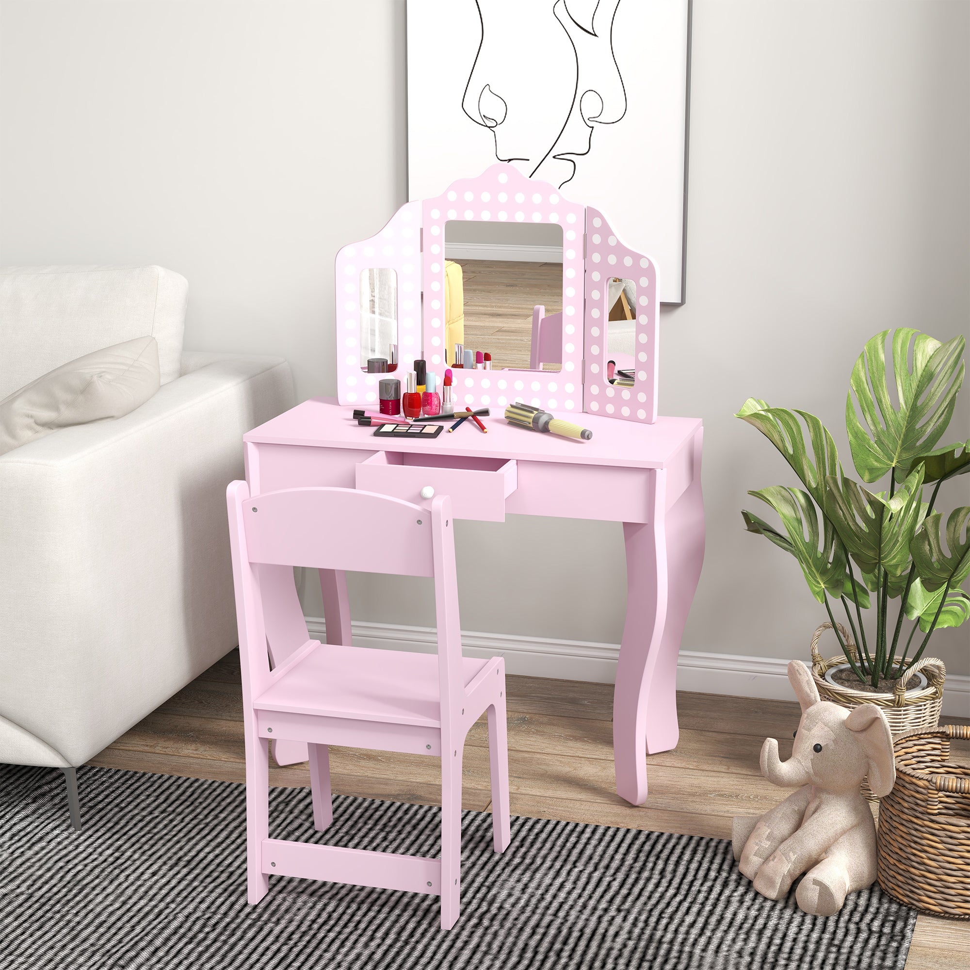3 Piece Kids Dressing Table Set with Stool and Tri-Fold Mirror - Pink