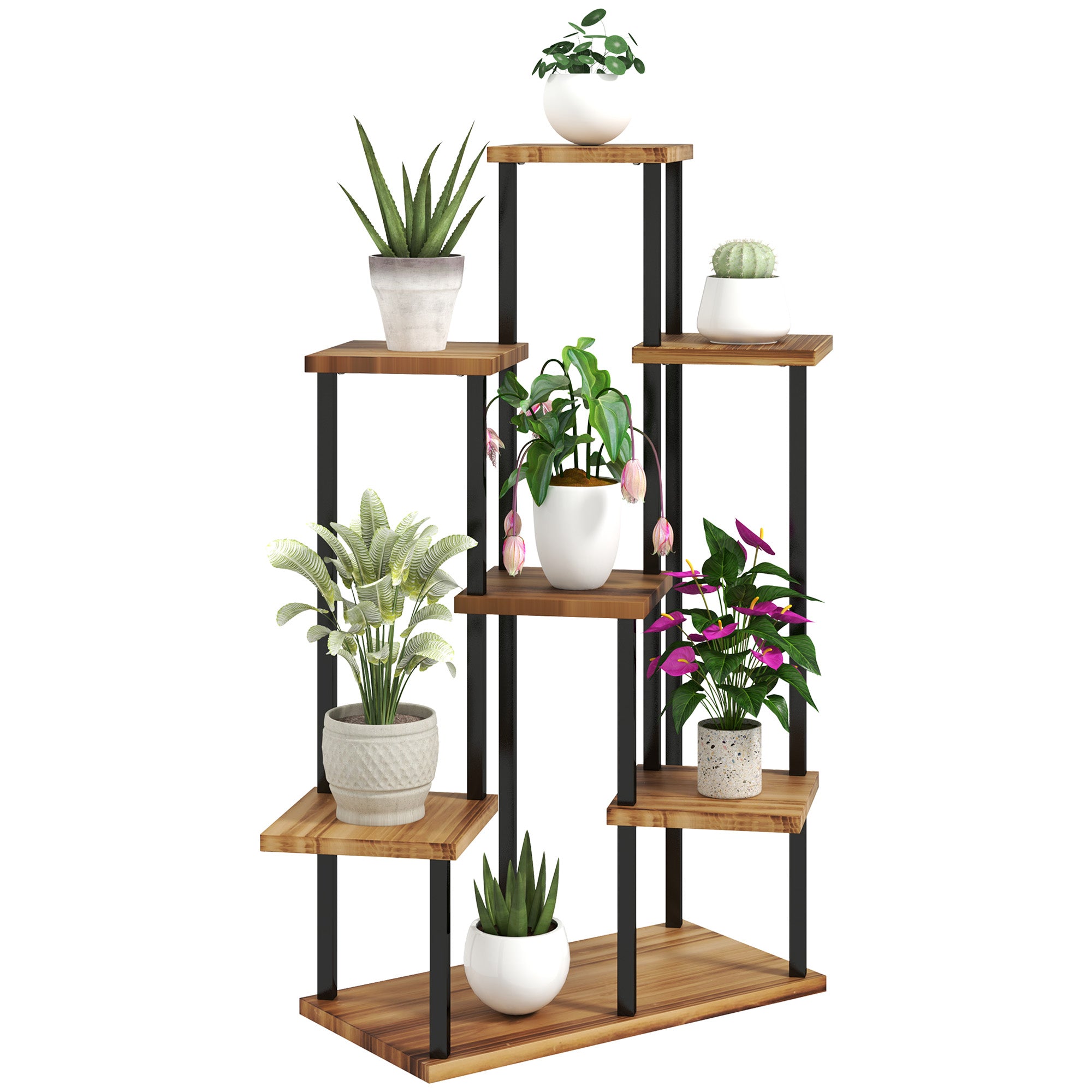 7 Tier Steel and Wood Plant Stand with Carbonised Finish - Indoor Outdoor