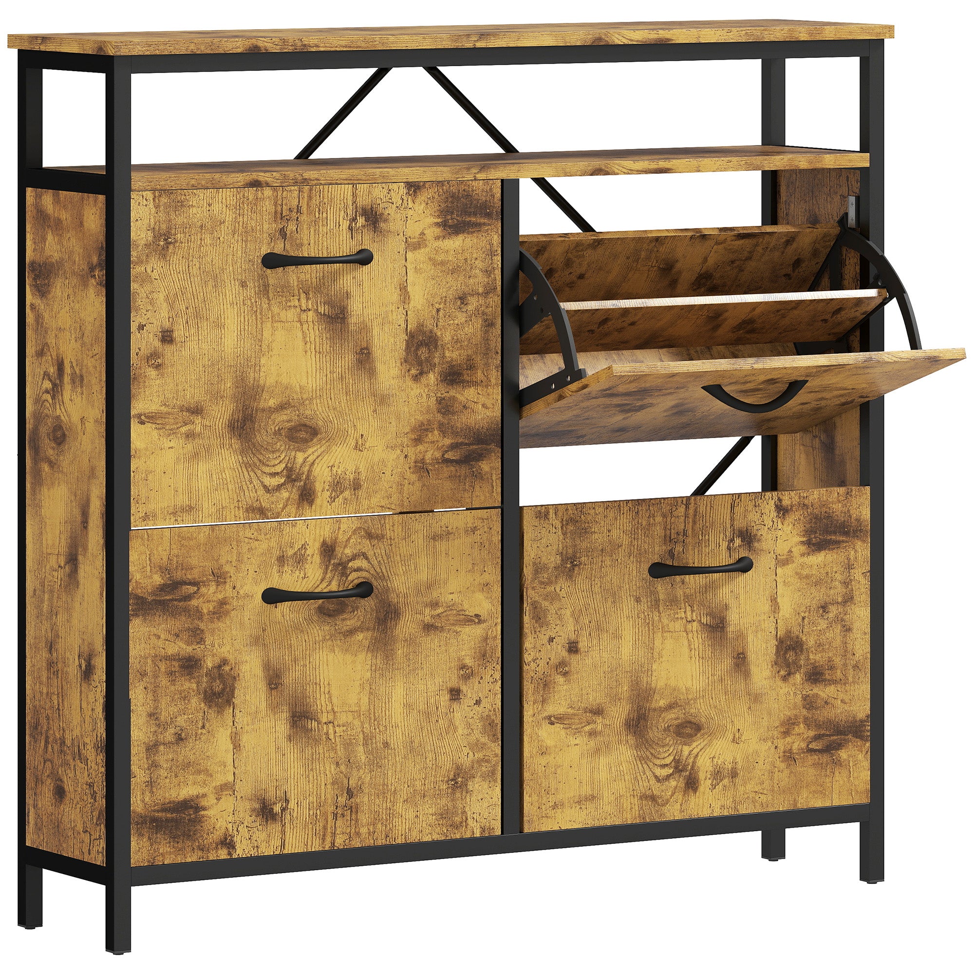 Shoe Storage Cabinet with 4 Flip Drawers and Open Shelf - Rustic Brown