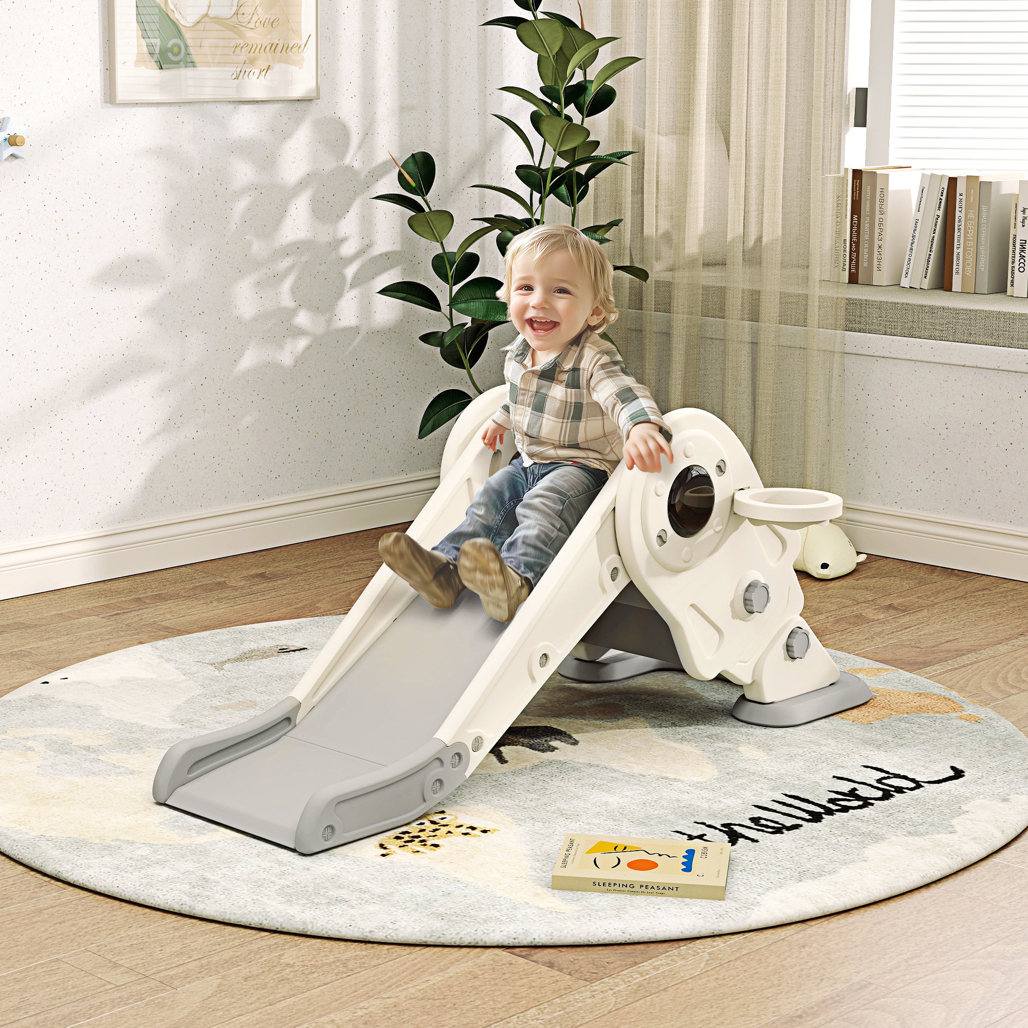 3-in-1 Kids Slide with Basketball Hoop, Climber, Anti-Slip Steps for Toddlers, Ages 2-5 Years, Cream White