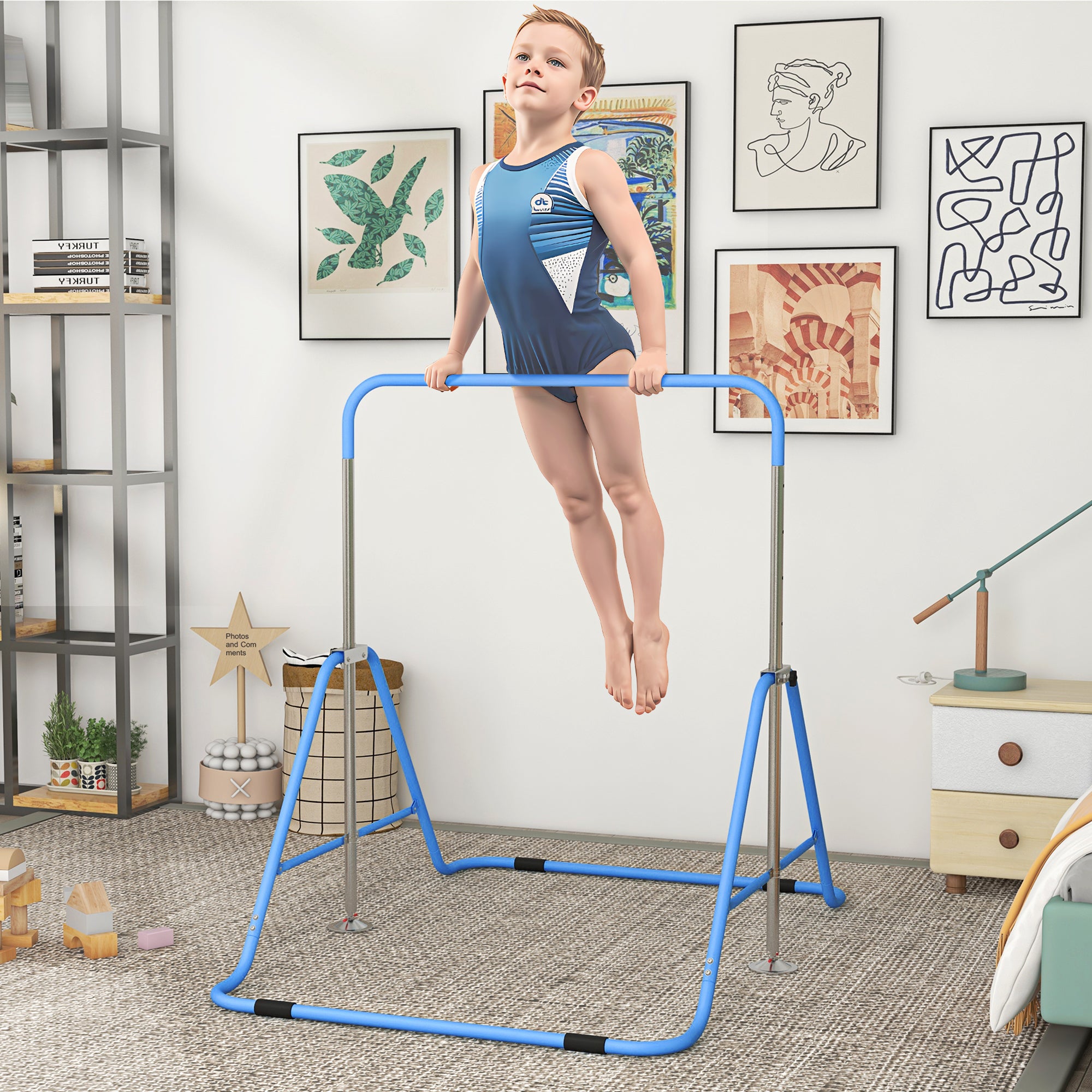 Adjustable Foldable Kids Gymnastic Bar with Horizontal Bars - Blue