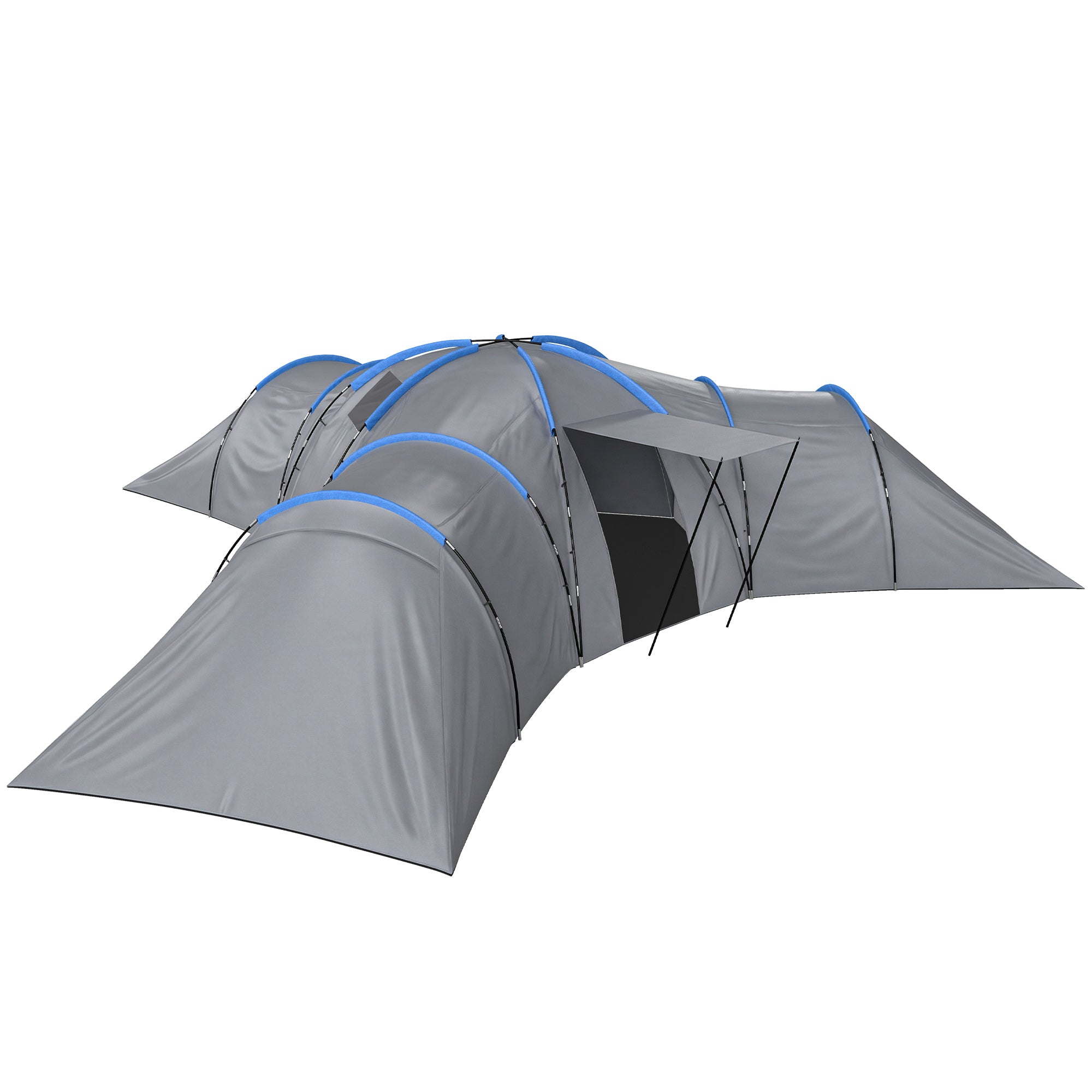 6-9 Man Large Tunnel Tent with 3 Bedrooms, Living Area and Porch, Light Grey