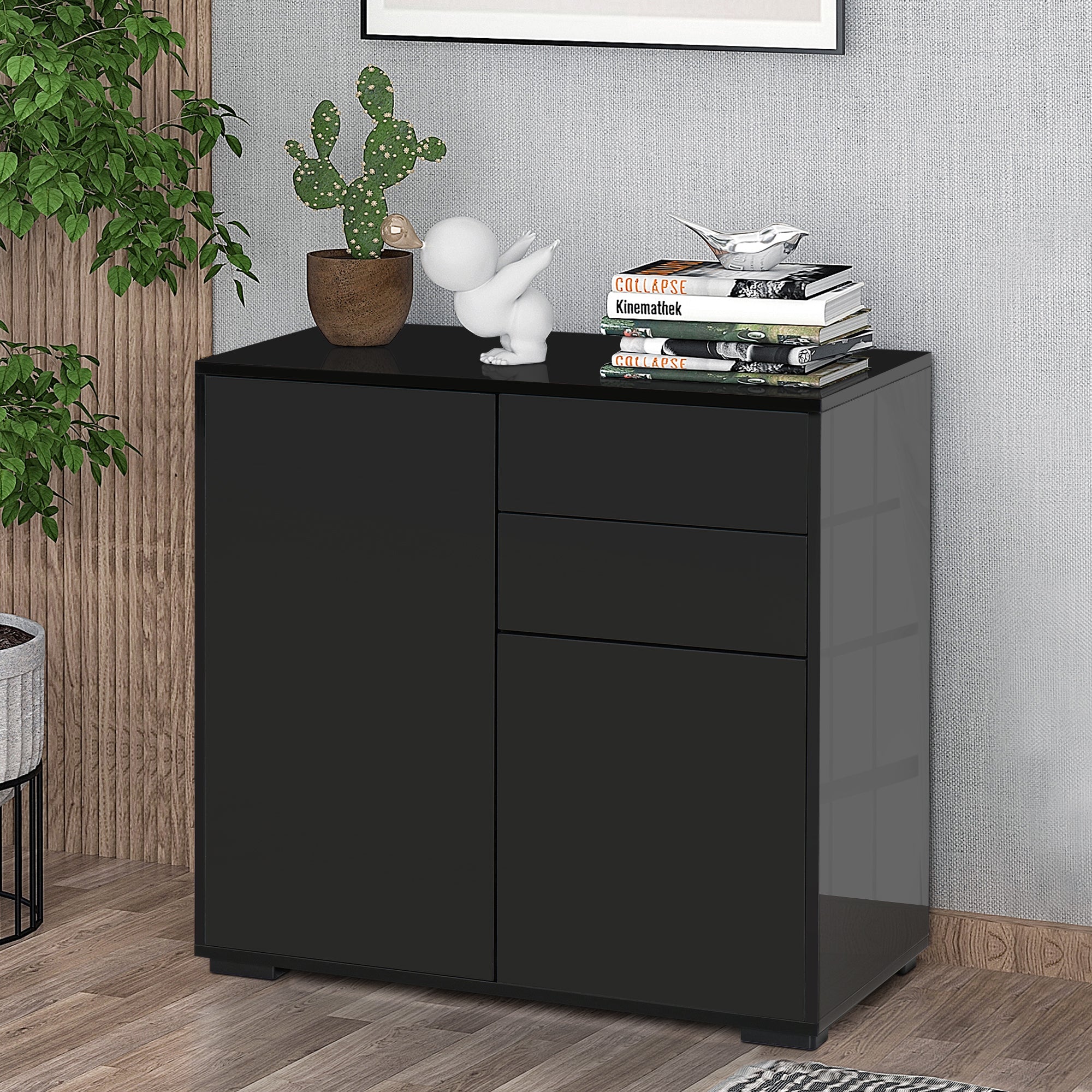 High Gloss Frame Sideboard, Side Cabinet, Push-Open Design with 2 Drawer for Living Room, Bedroom, Black
