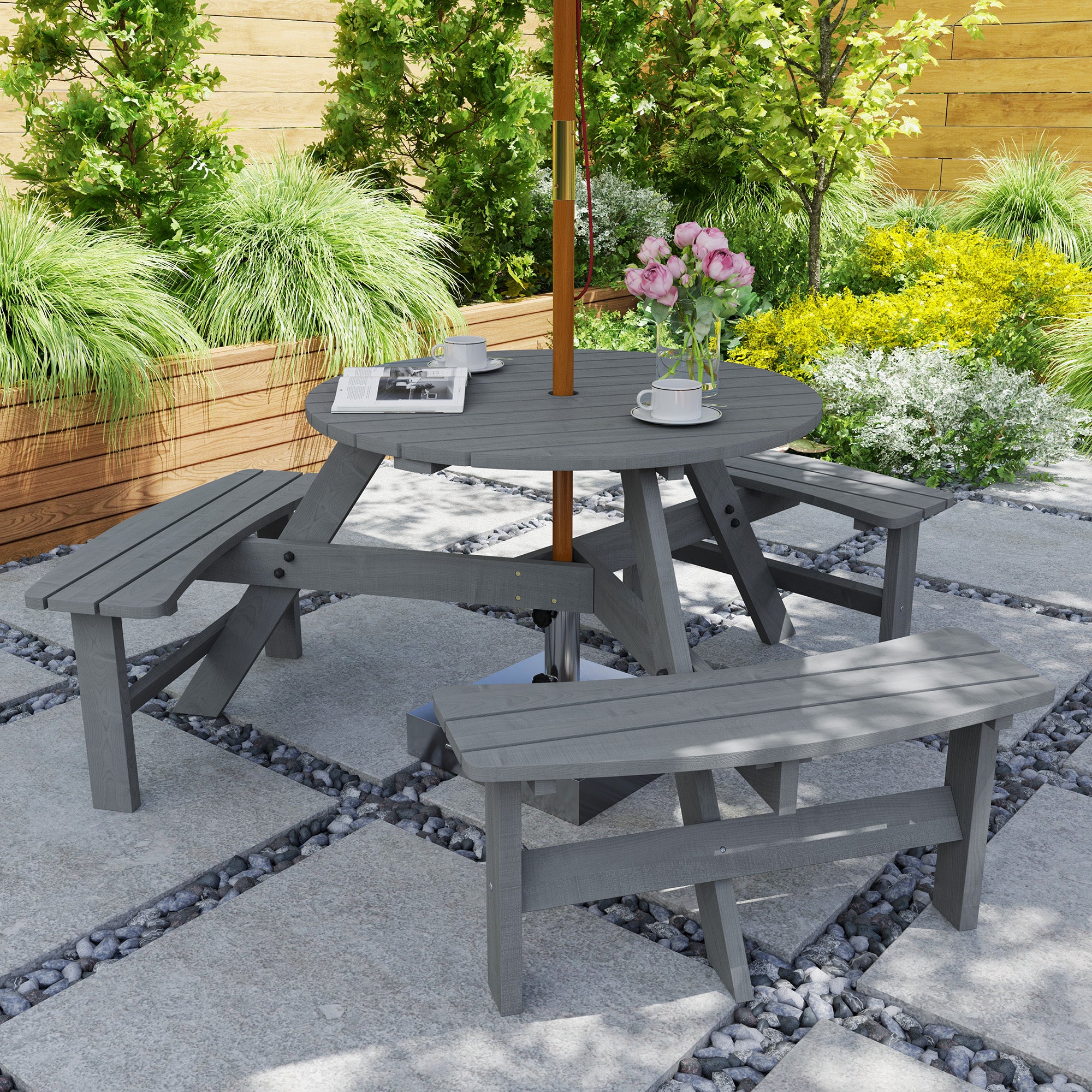 6 Seater Round Wooden Picnic Table with 3 Benches and Umbrella Hole - Grey