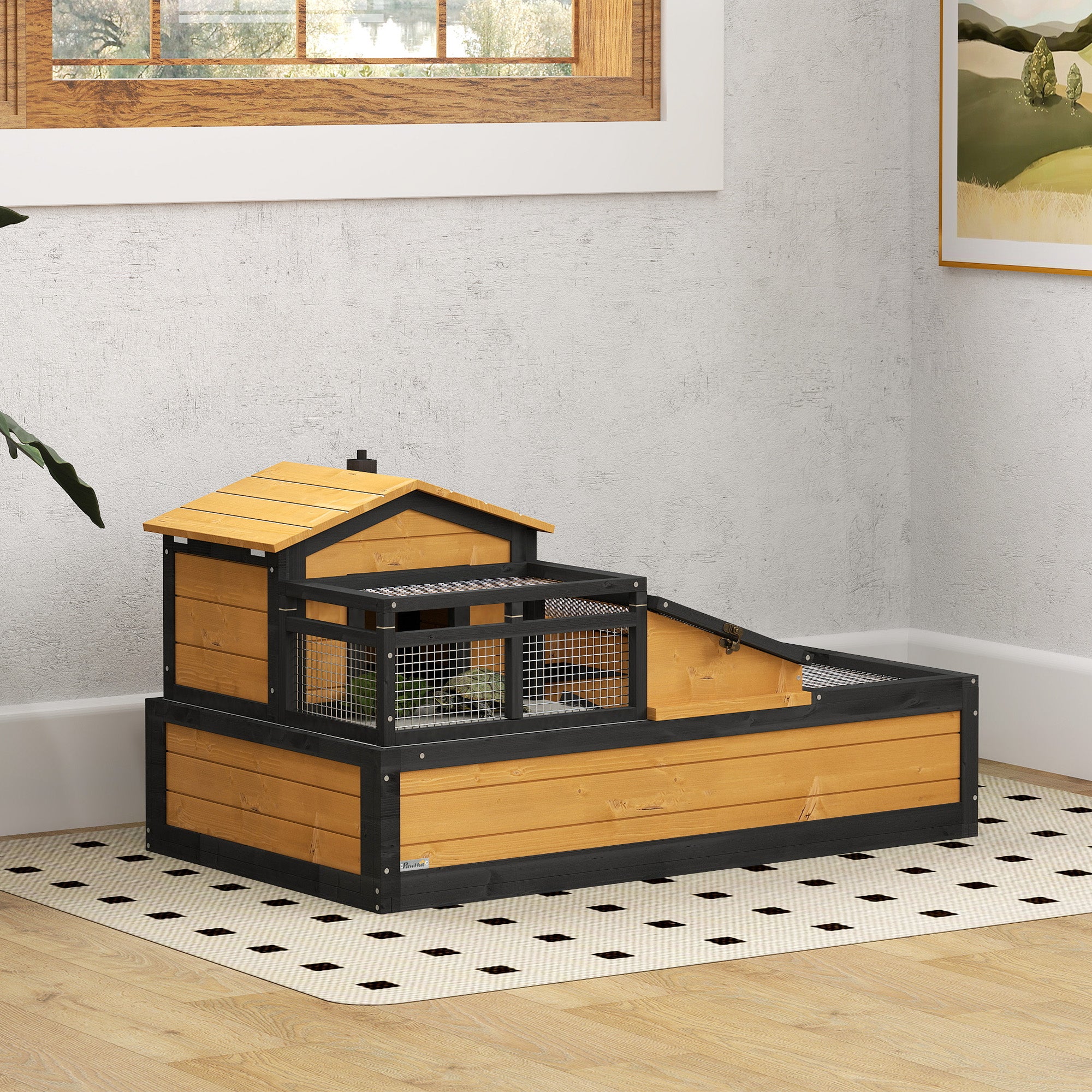 Wooden Tortoise House with Balcony, Tray & Roof for Indoor & Outdoor Use - Yellow