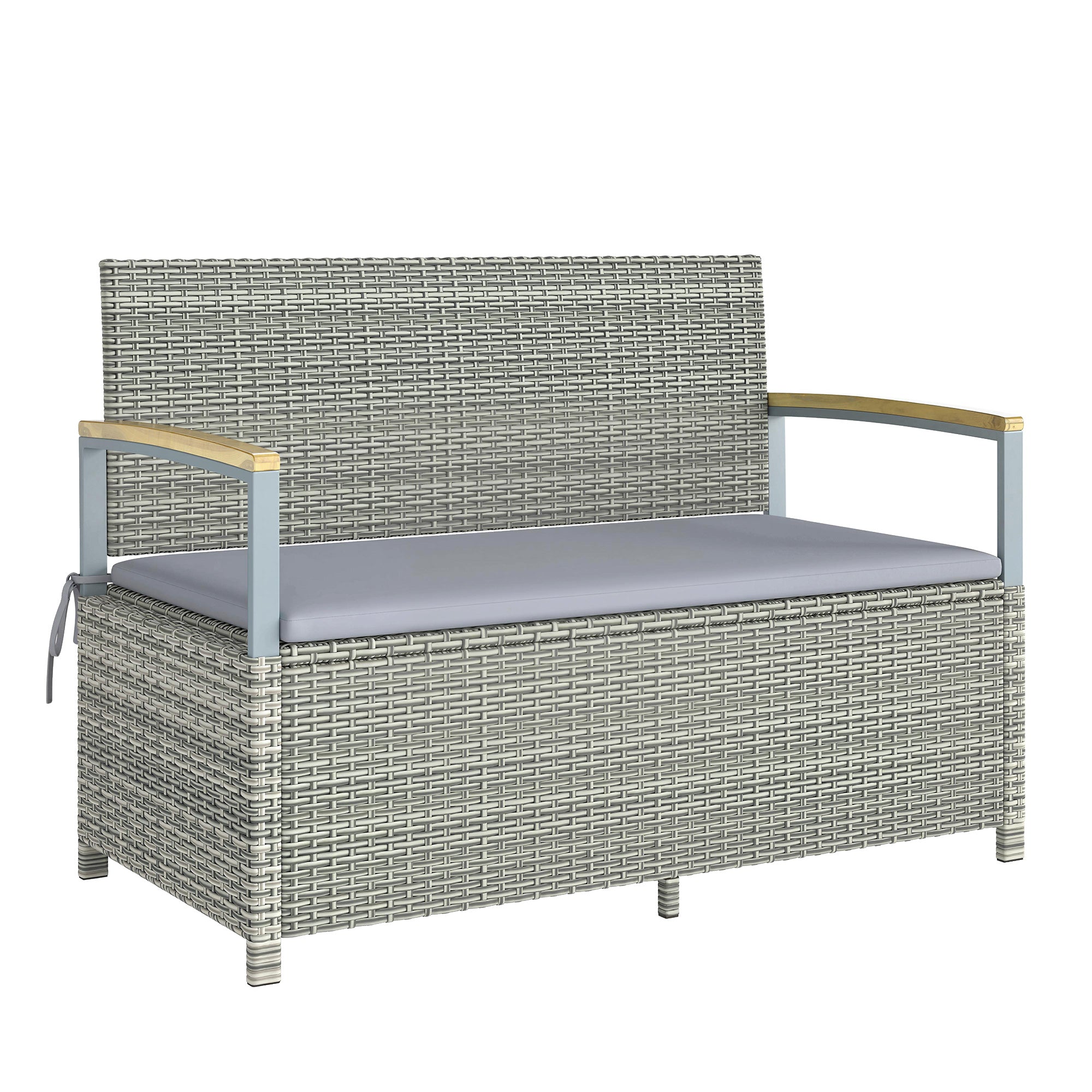 170 L Garden Storage Bench with Zipped Liner, 2 Seater Rattan Garden Bench with Storage, Gas Strut, Cushion, Light Grey