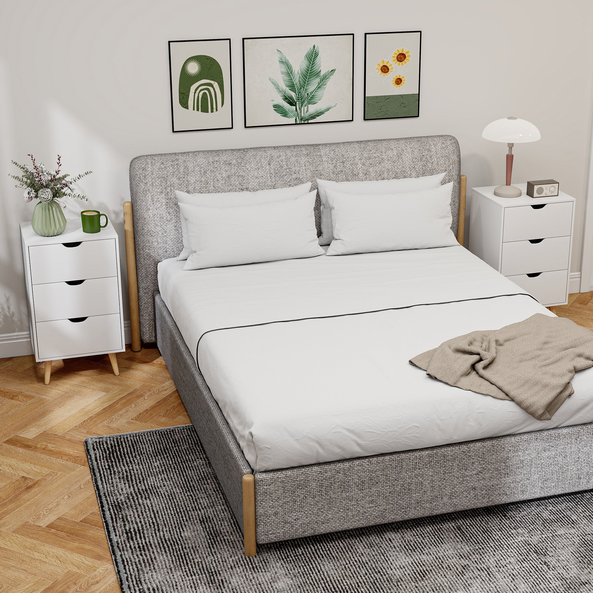 Set of 2 Bedside Tables, Modern Nightstand Side End Table with 3 Storage Drawers and Solid Pine Wood Legs for Bedroom Living Room Entryway, White