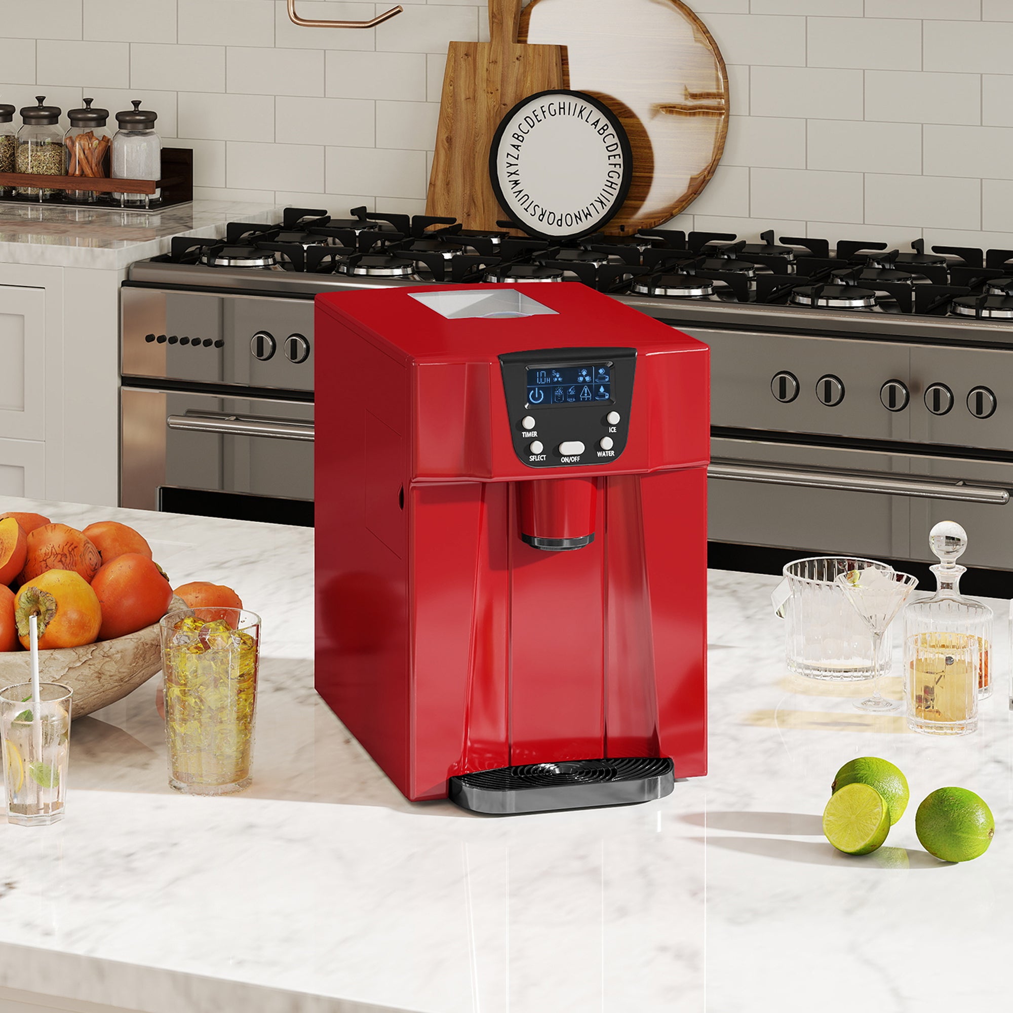 3L Ice Maker Machine and Water Dispenser, 12kg in 24H, 2 Sizes 9 Ice Cubes Ready in 6-10 Mins Ice Machine, Red