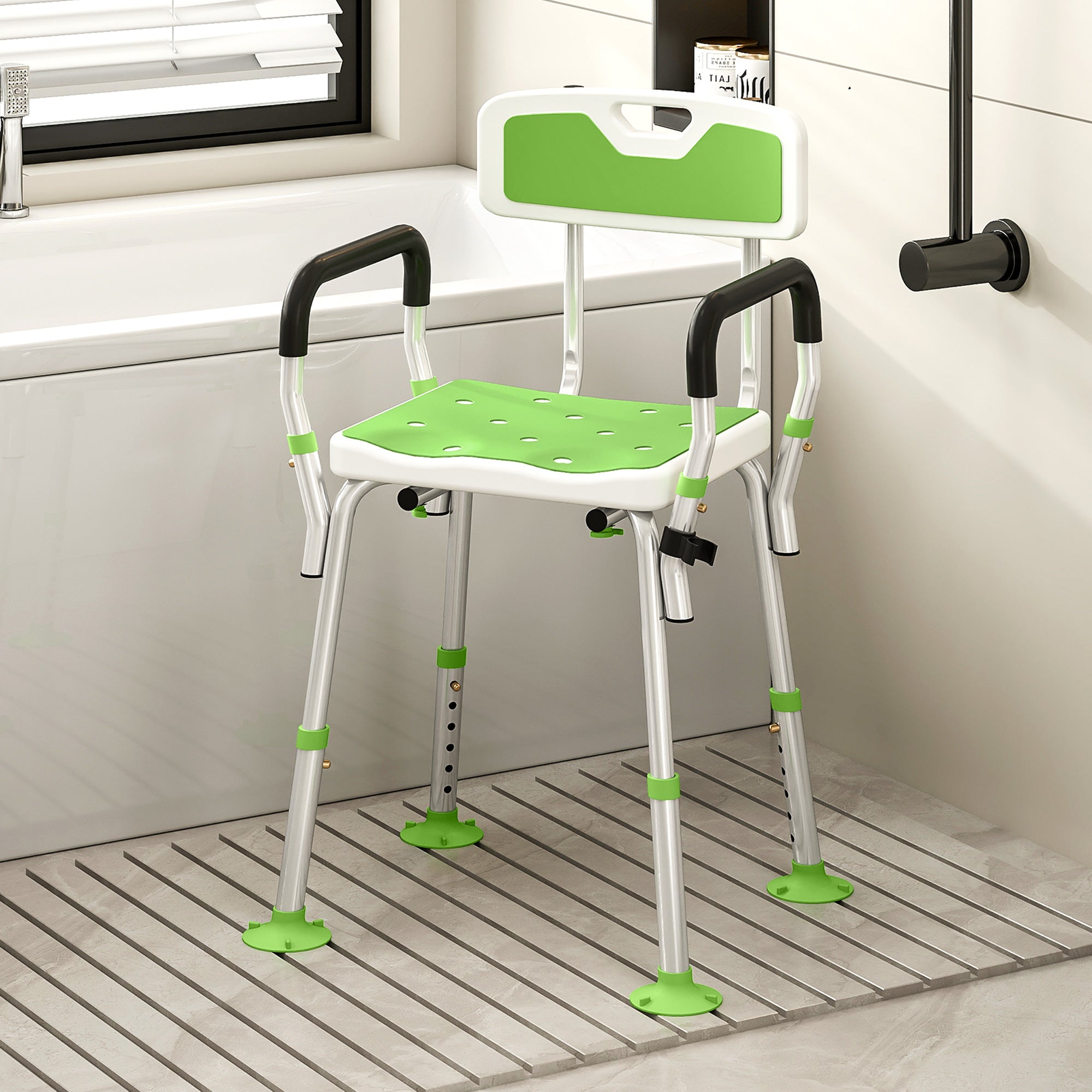 EVA Padded Shower Chair for the Elderly and Disabled, Height Adjustable Shower Stool with Back and Arms, 4 Suction Foot Pads, Green