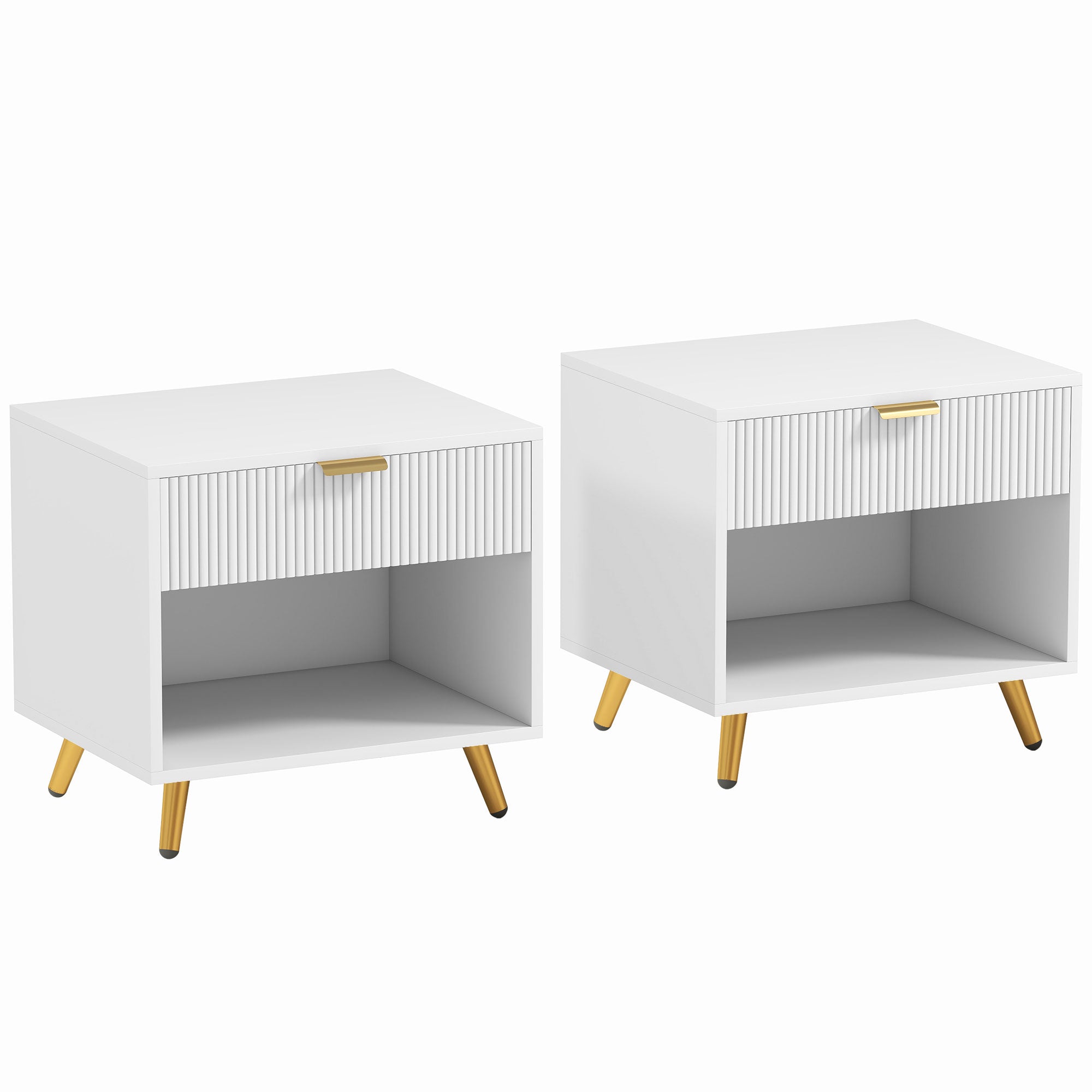 Bedside Tables Set of 2, Bedside Cabinets With Drawer and Open Compartment, Nightstands With Handle for Bedroom, Living Room, White