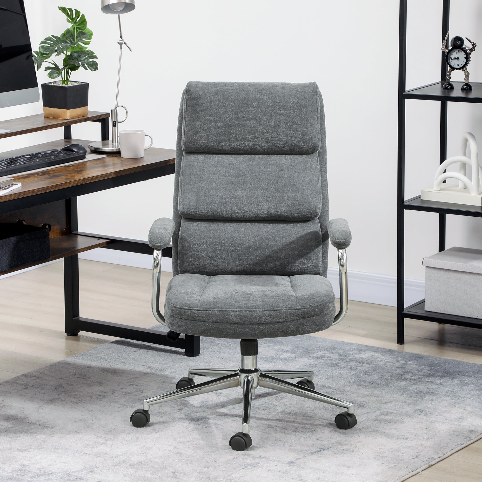 Executive Office Chair, Linen Fabric Computer Desk Chair with Double-Layer Back Cushion, Rocking Function, Height Adjustable for Home, Charcoal Grey