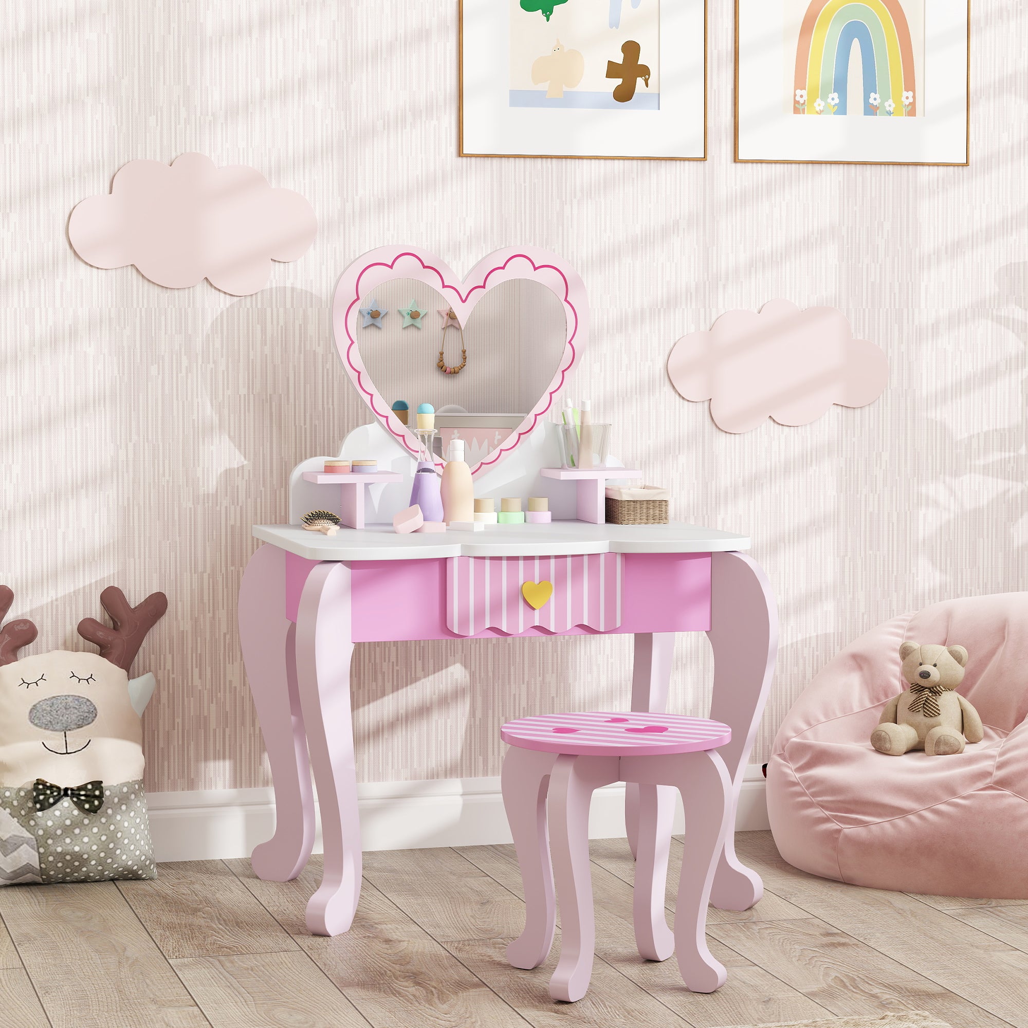2 Piece Kids Dressing Table Set with Mirror and Storage Drawer Pink