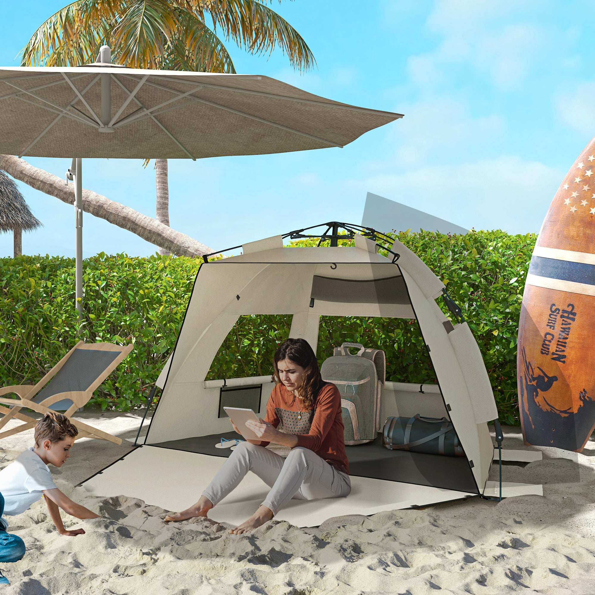 Three-Man UPF15 Plus Beach Tent with Extended Floor for Ultimate Sun Protection - Green