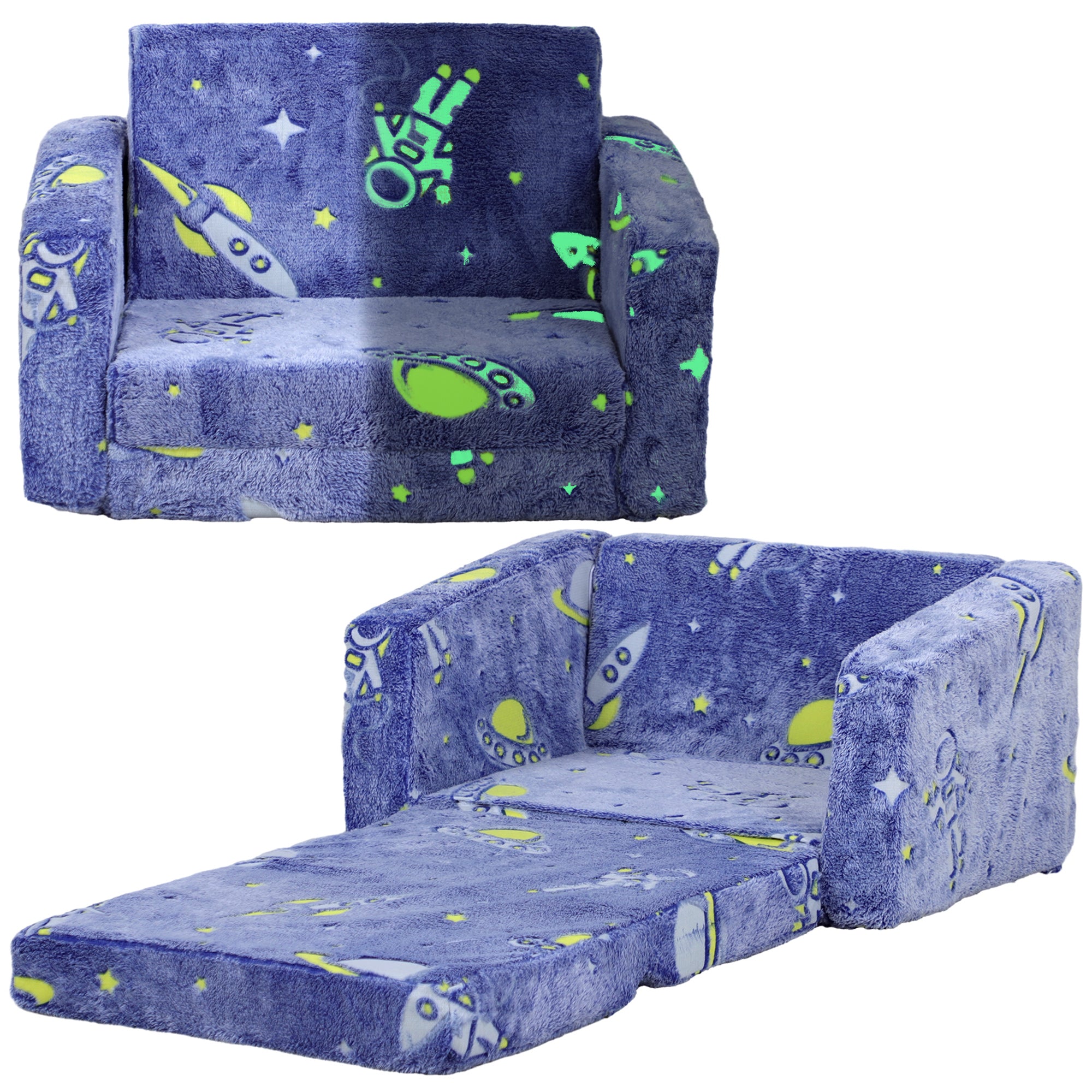 2 in 1 Kids Folding Armchair and Bed with Glow in The Dark Design - Blue