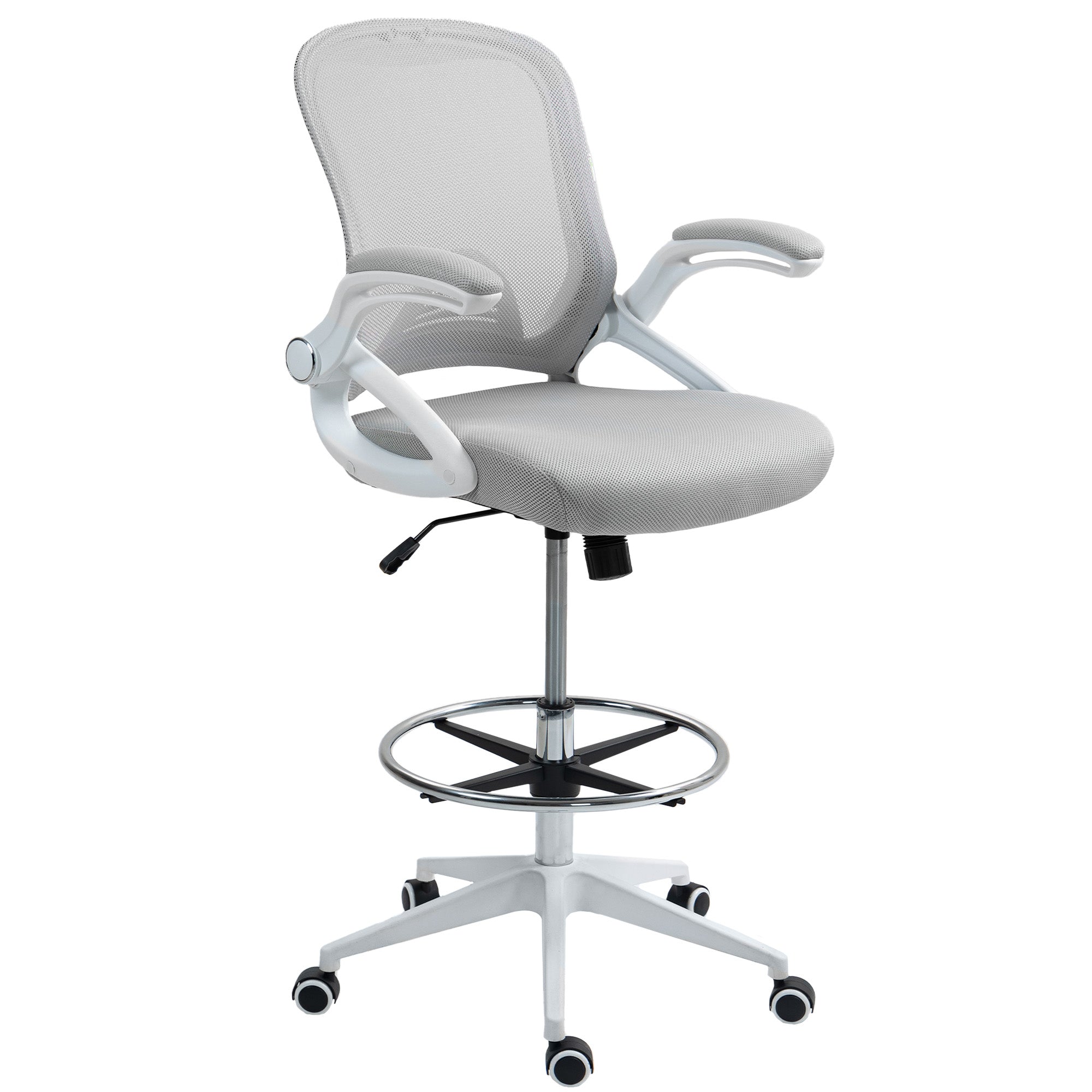 Drafting Chair with Flip-up Armrest, Mesh Office Stool with Foot Ring, 360° Swivel Height Adjustable Chair for Standing Desk, Light Grey