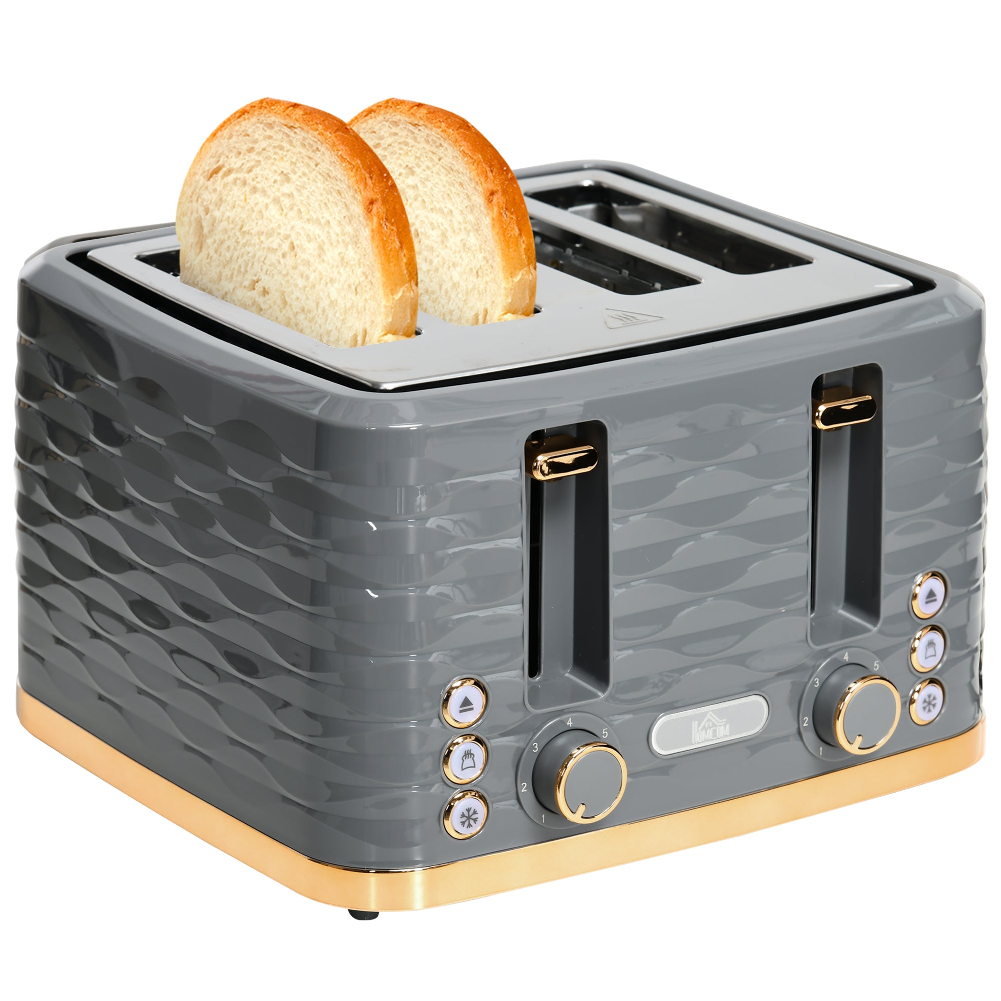 Four-Slice Rippled Toaster with 7 Settings and Safety Features - Grey