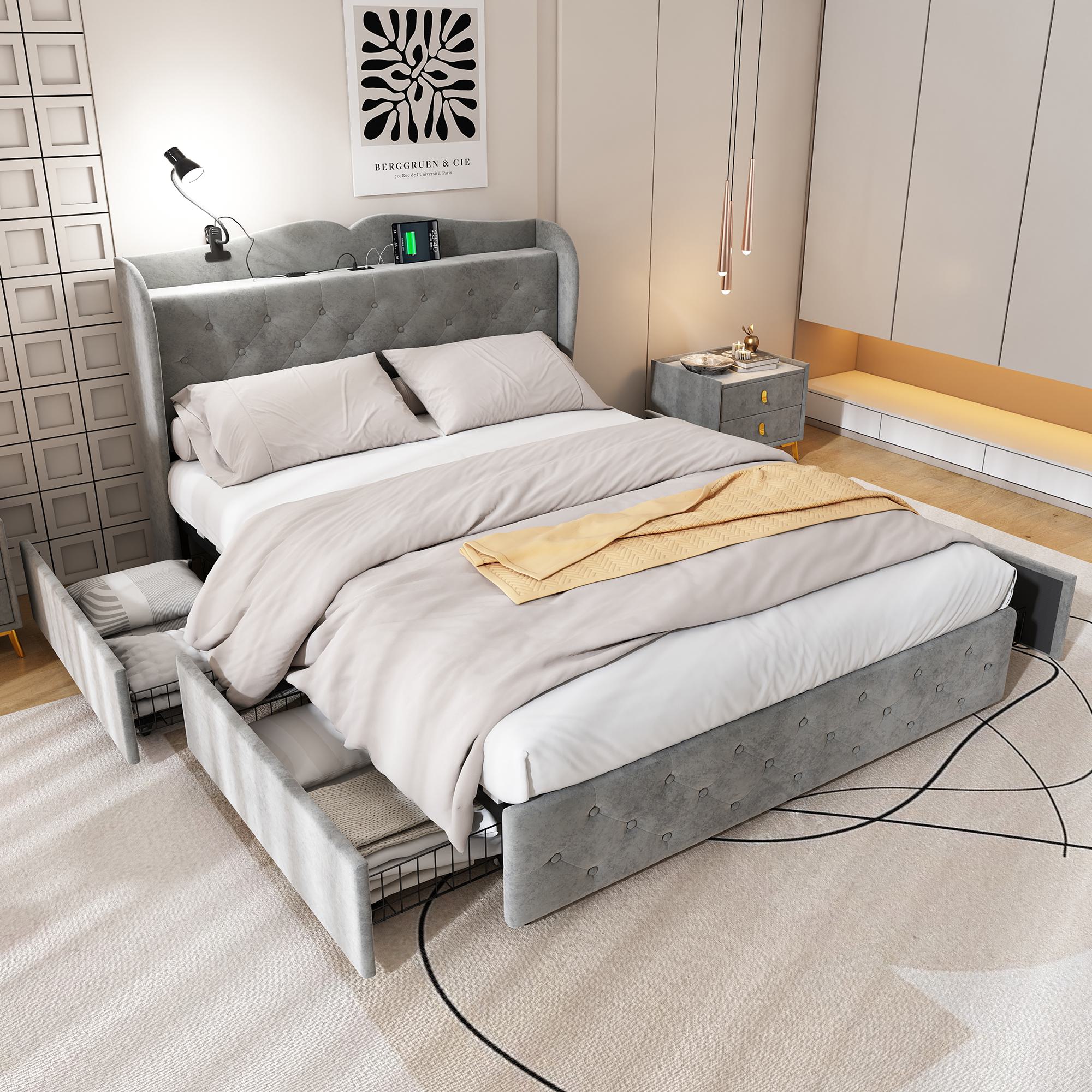 Double Upholstered Bed with 4 Drawers and USB Ports - Gray Velvet