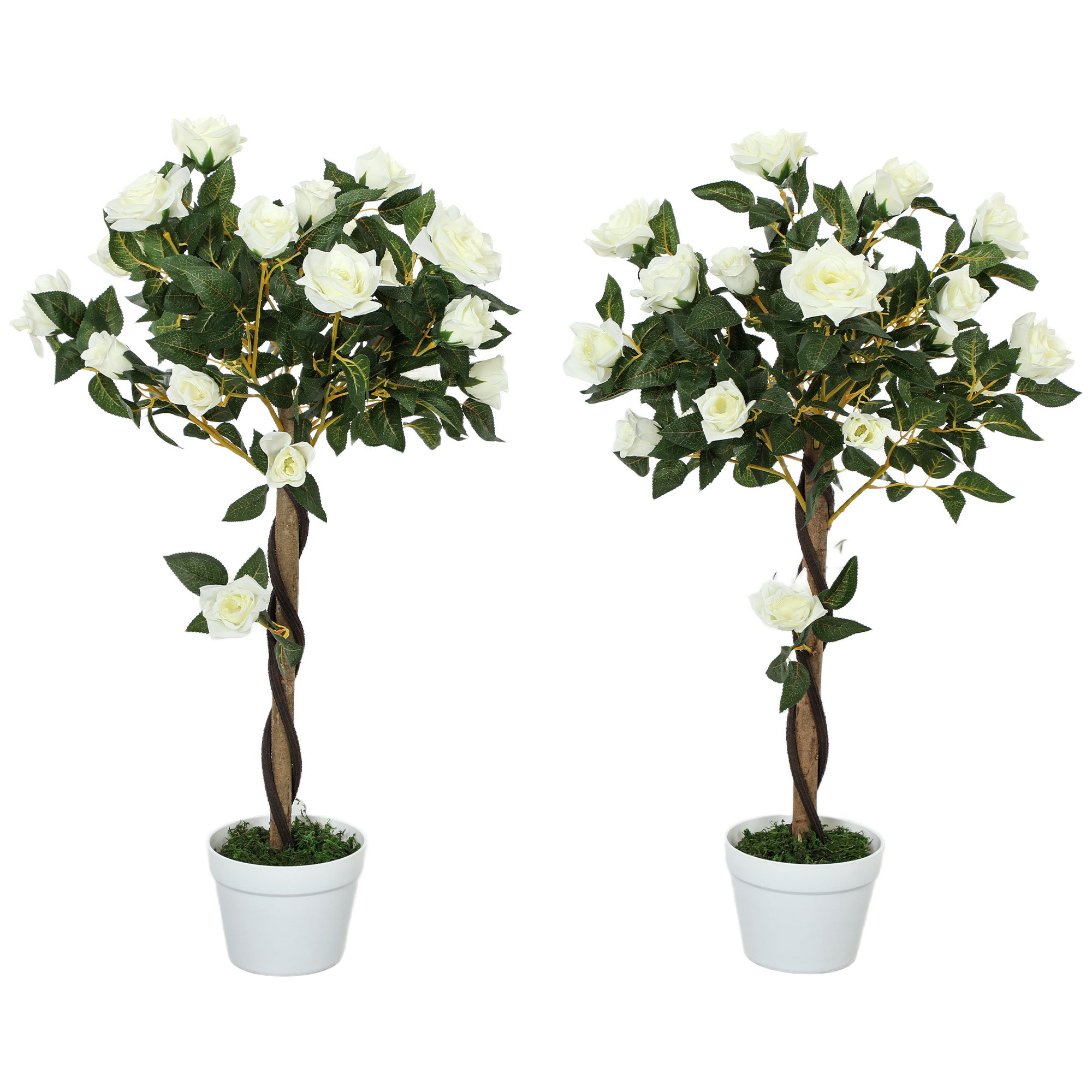 Set of Two Faux Rose Trees with Cement Pot - White