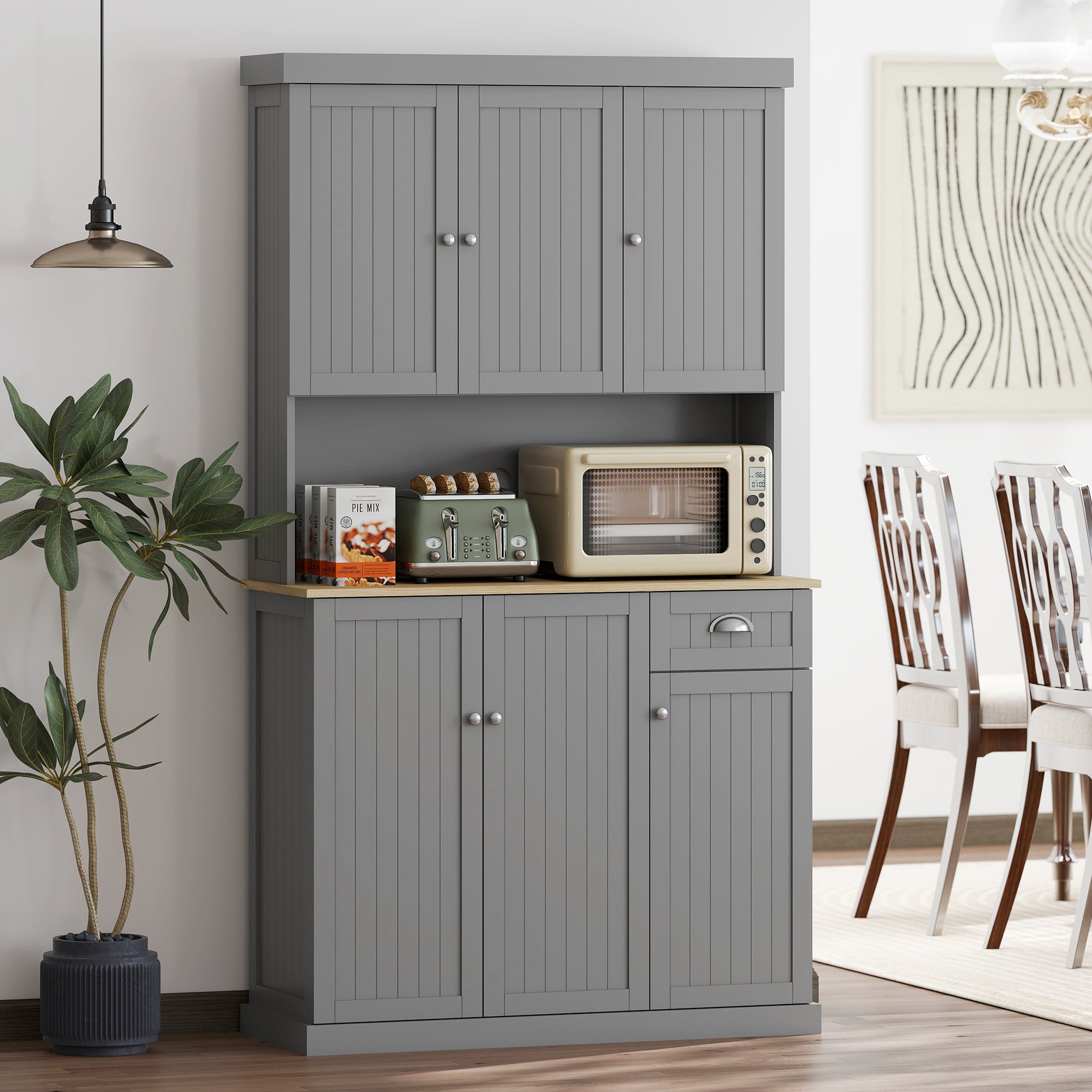 180cm Freestanding Kitchen Cabinet, Modern Storage Cupboard with Open Countertop, Drawer and 6 Doors, Grey