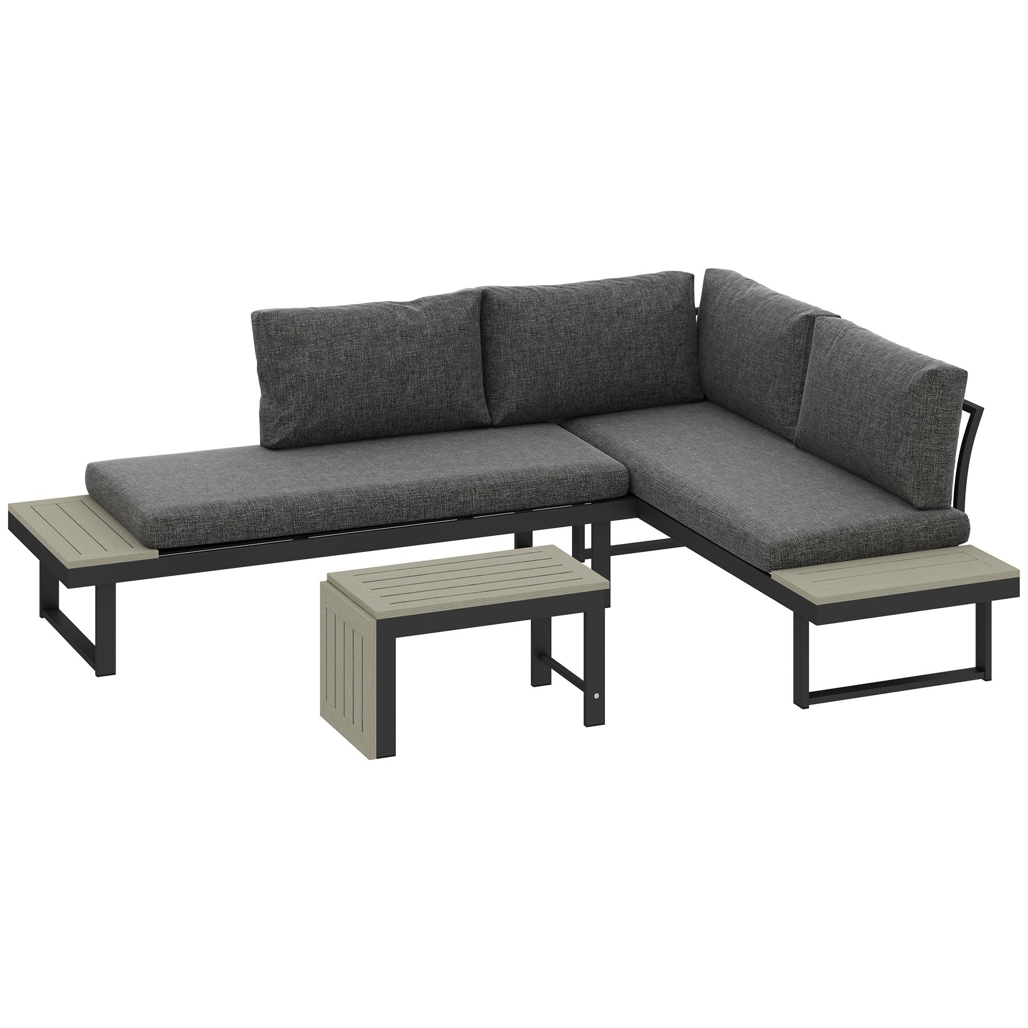 4 Seater L Shaped Aluminium Sectional Garden Furniture Set with 2 Loveseats & Wood-Plastic Coffee Table - Dark Grey