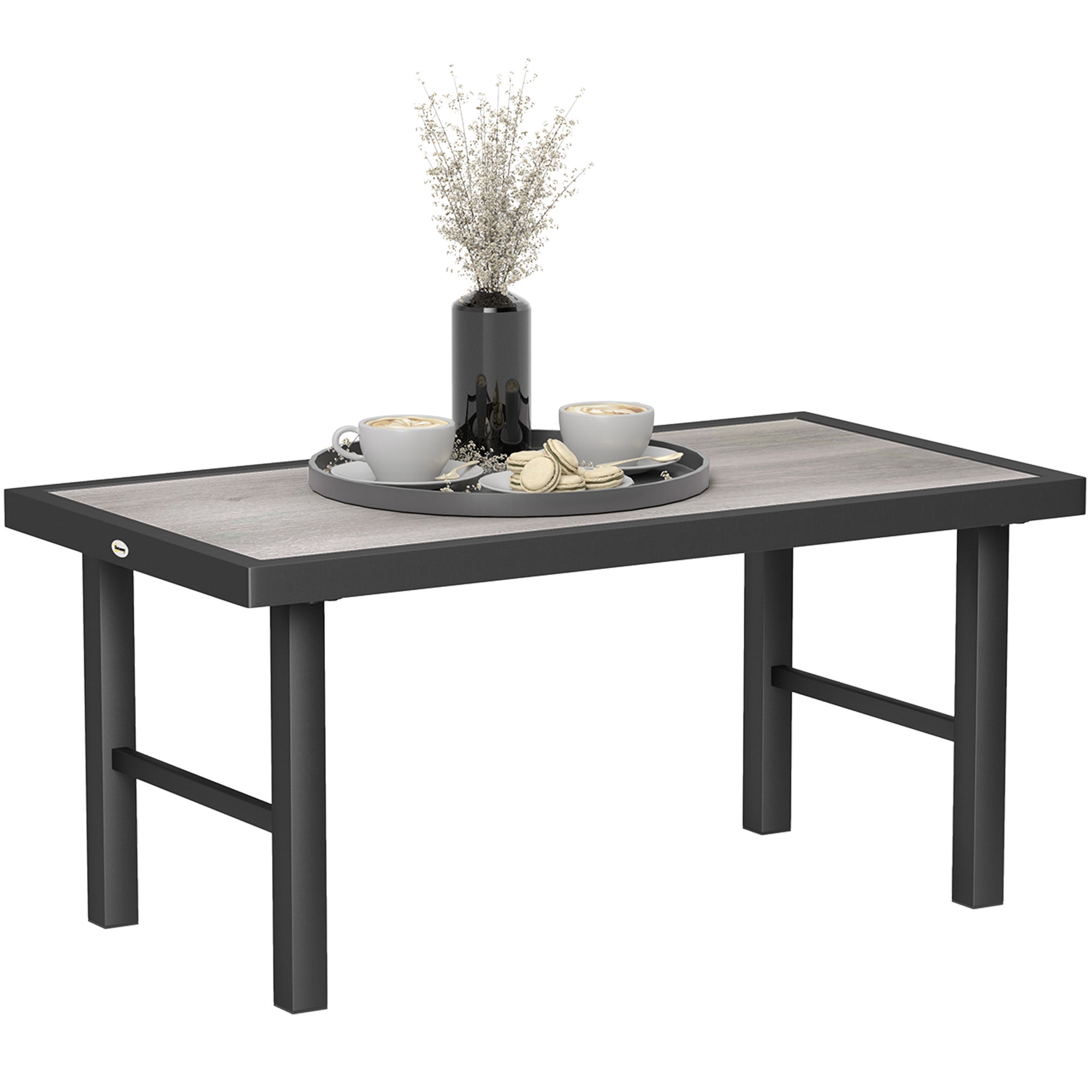 Metal Garden Coffee Table 100x53cm with SPC Woodgrain Top - Grey Wood Effect
