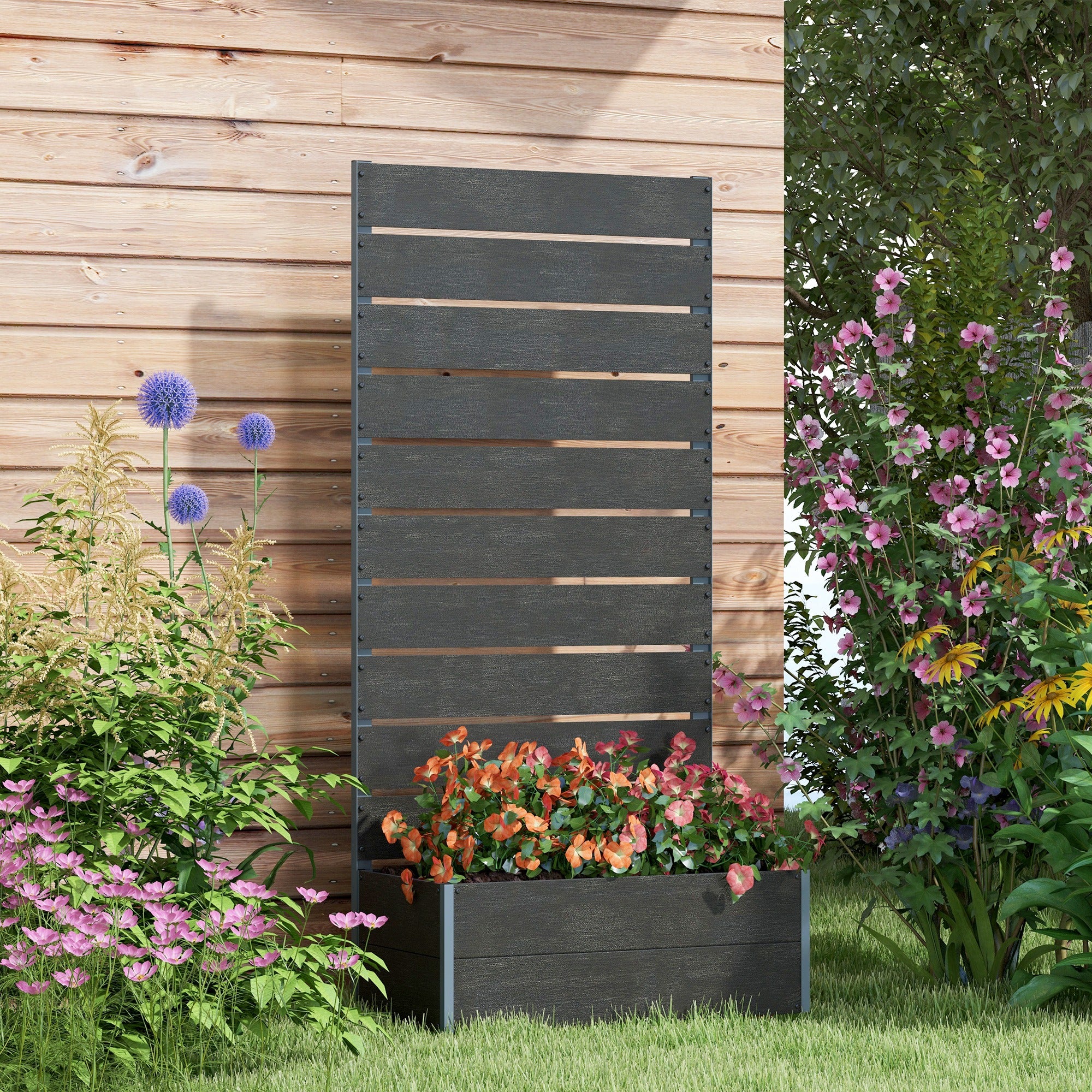 34 x 69.5cm Garden Planter Box, with Back Trellis, Black