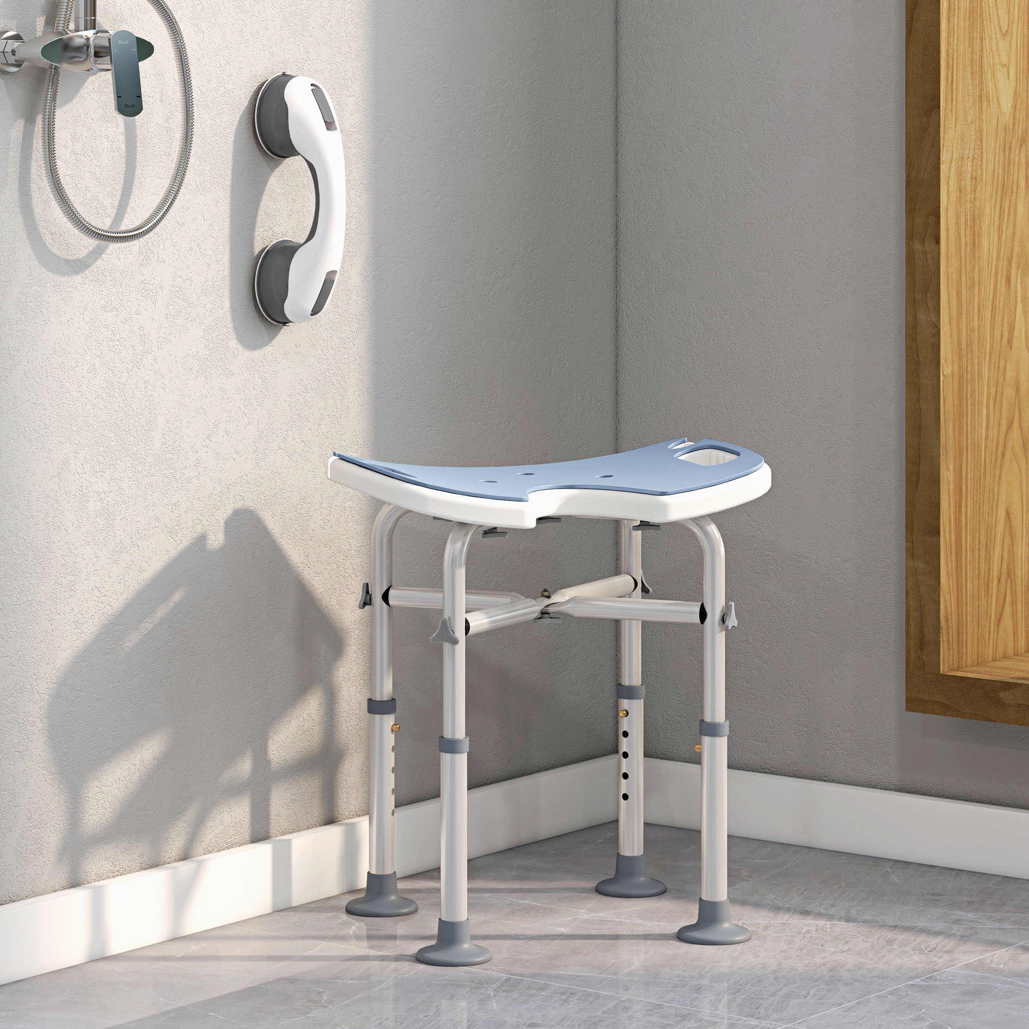 Adjustable 39-51.5cm 'U' Seat Padded Shower Stool with Suction Feet - Light Blue