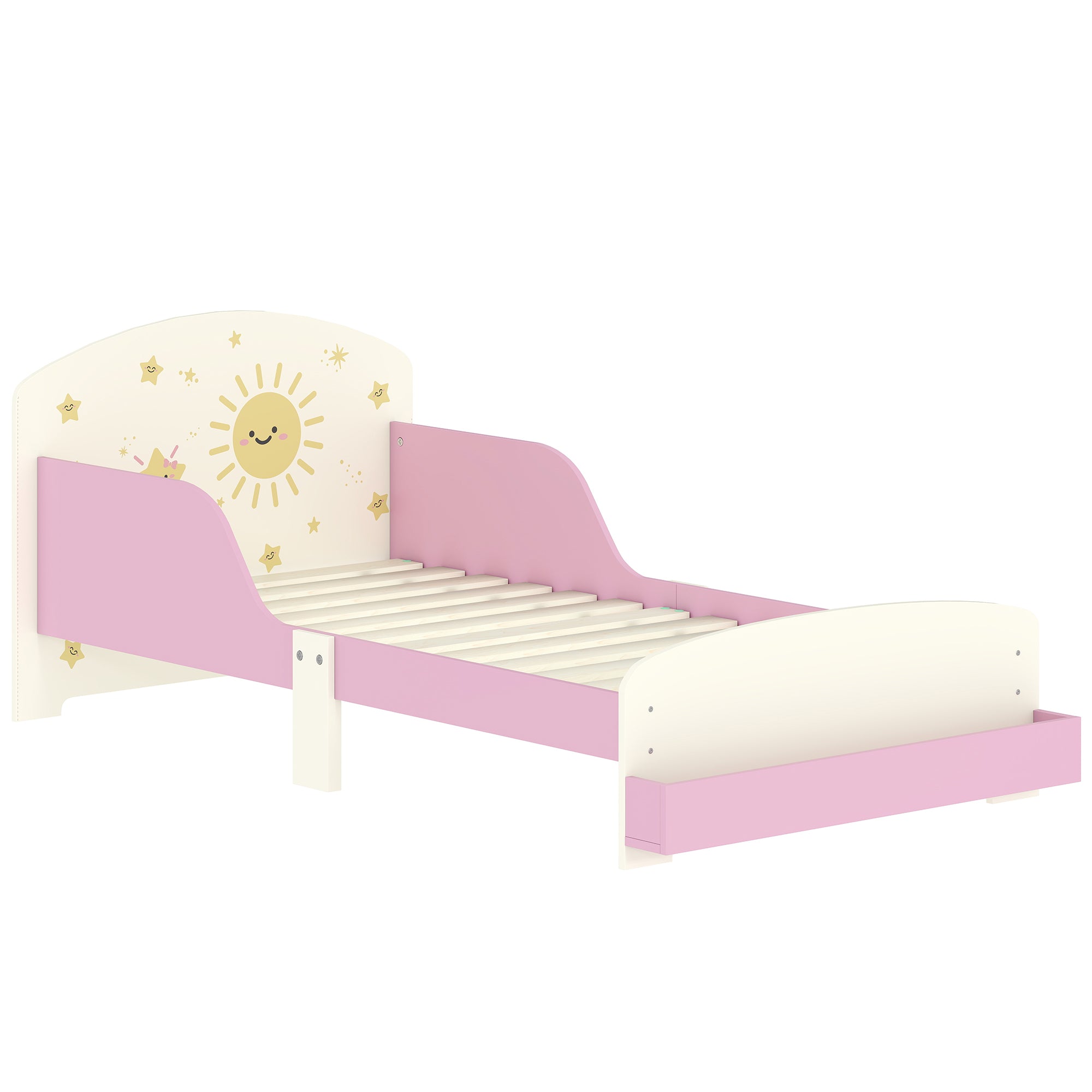 Toddler Bed with Storage, Guardrails, Sun Design, for Ages 3-8 Years, Fits 140 x 70cm Mattress,