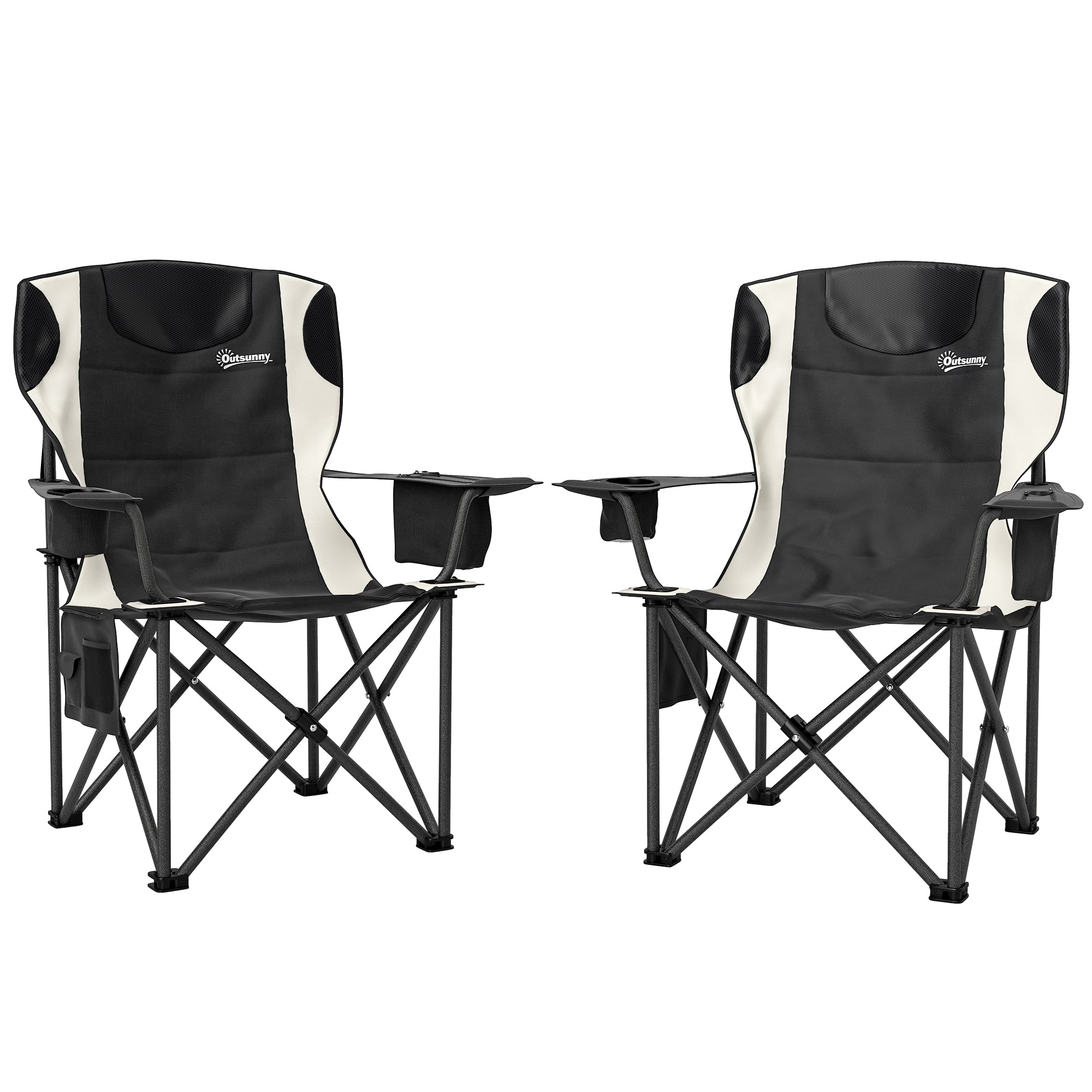Padded Folding Camping Chairs Set of 2 with Cooler Bag and Cup Holder - Black