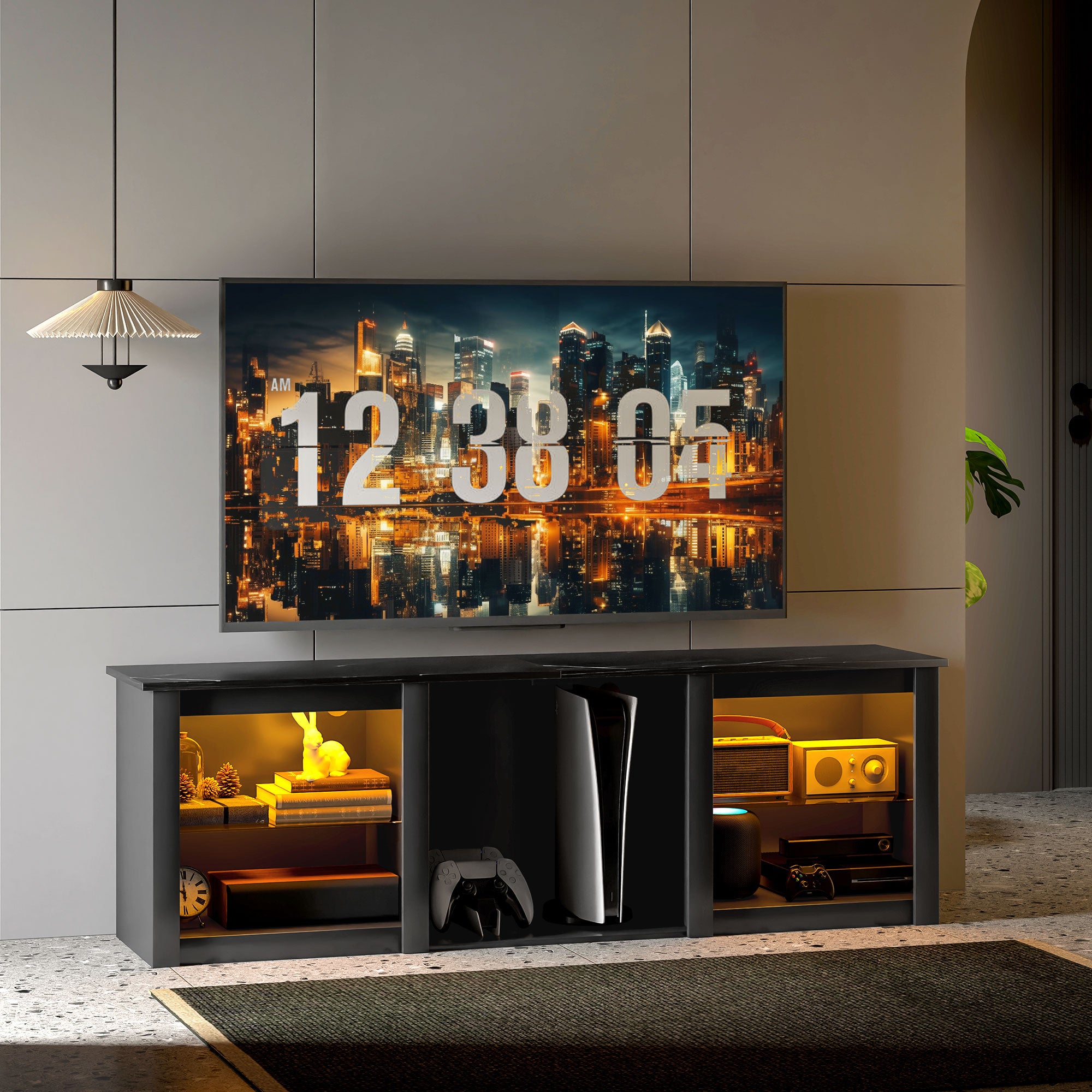 65" TV Stand with LED Lights and Storage - Black