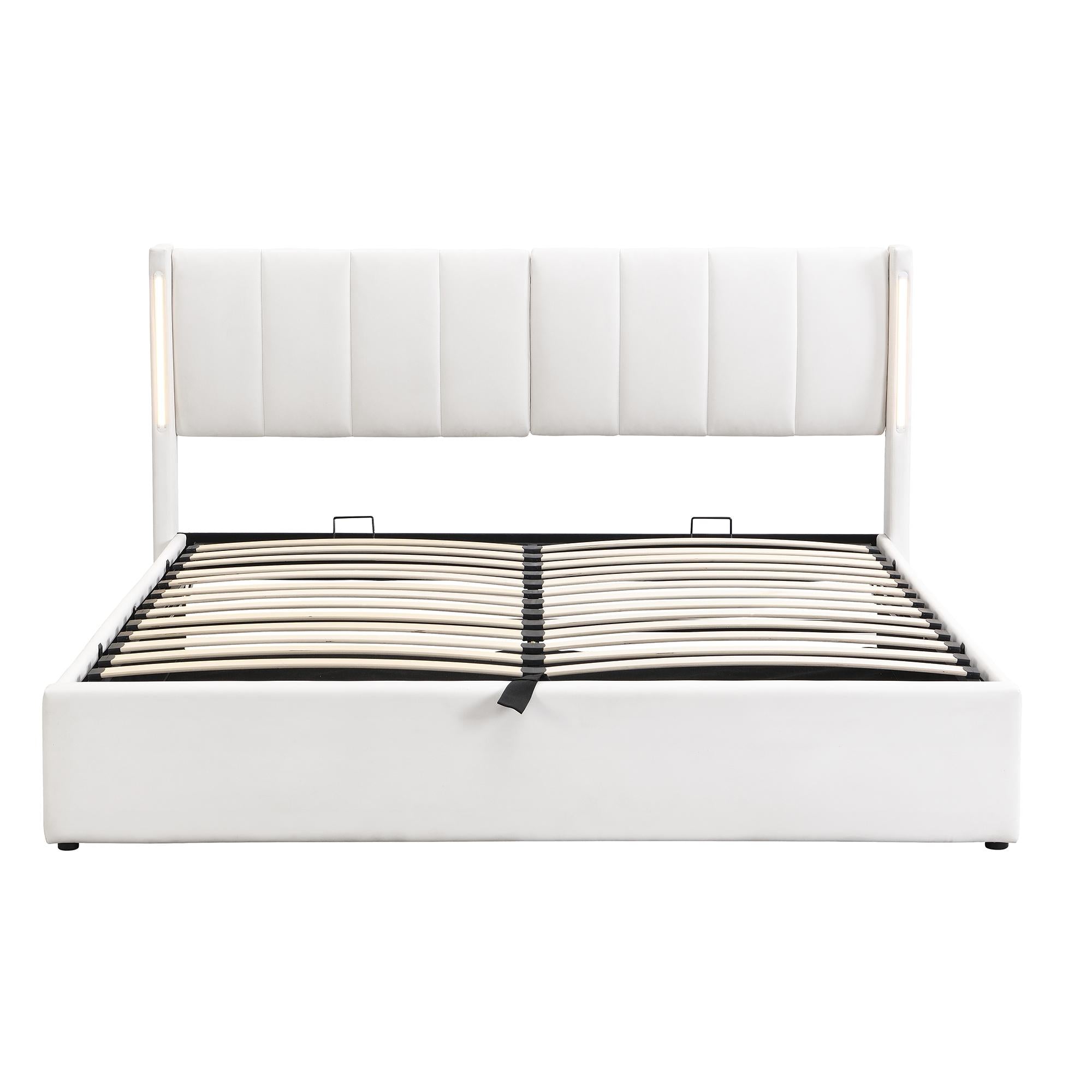 King Size LED Upholstered Bed with Hydraulic Storage and USB Port - White