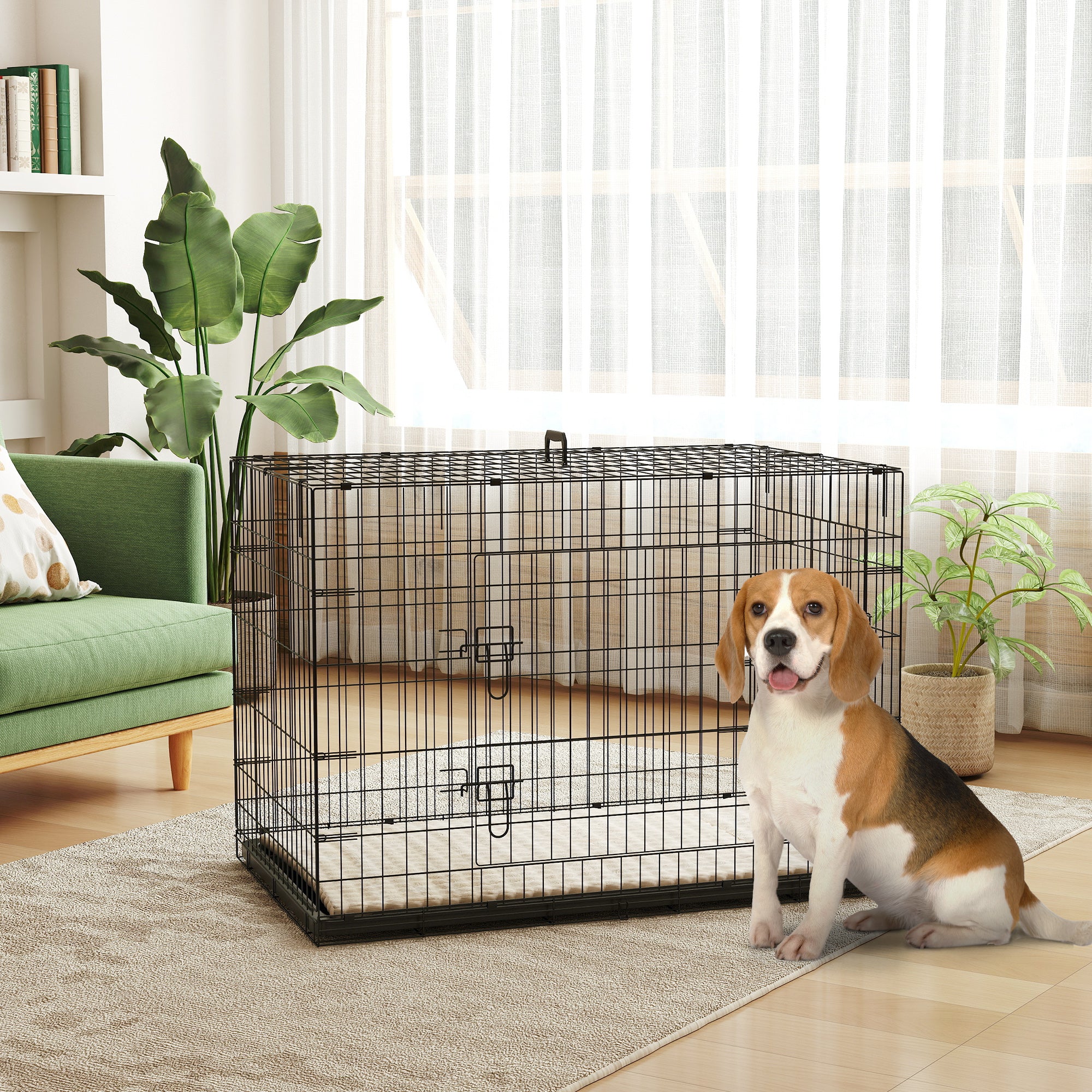 Foldable Extra Large Dog Crate with 2 Doors, Tray & Cushion 105x70x75cm - Black