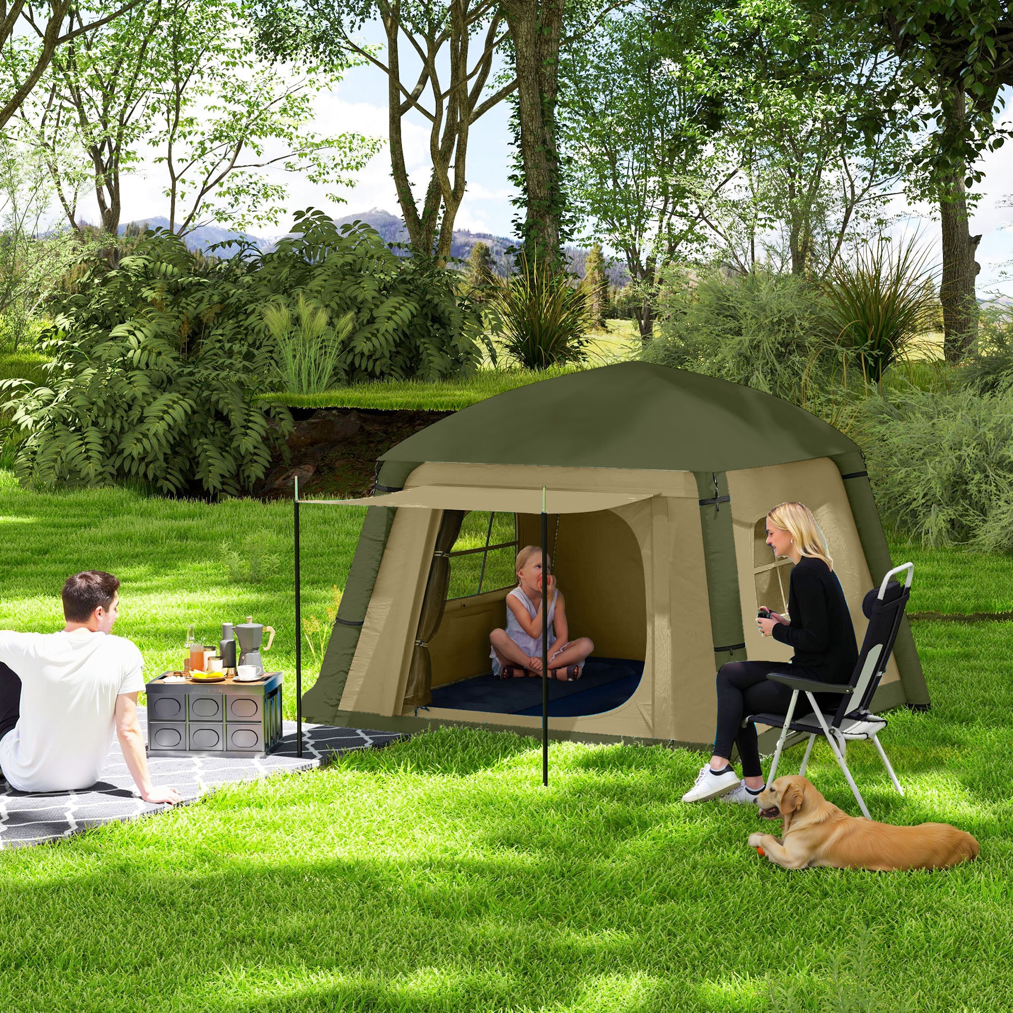 Inflatable 1-2 Person Camping Tent with Hand Pump, Waterproof 190T Taffeta, Mesh Windows & Doors - Brown
