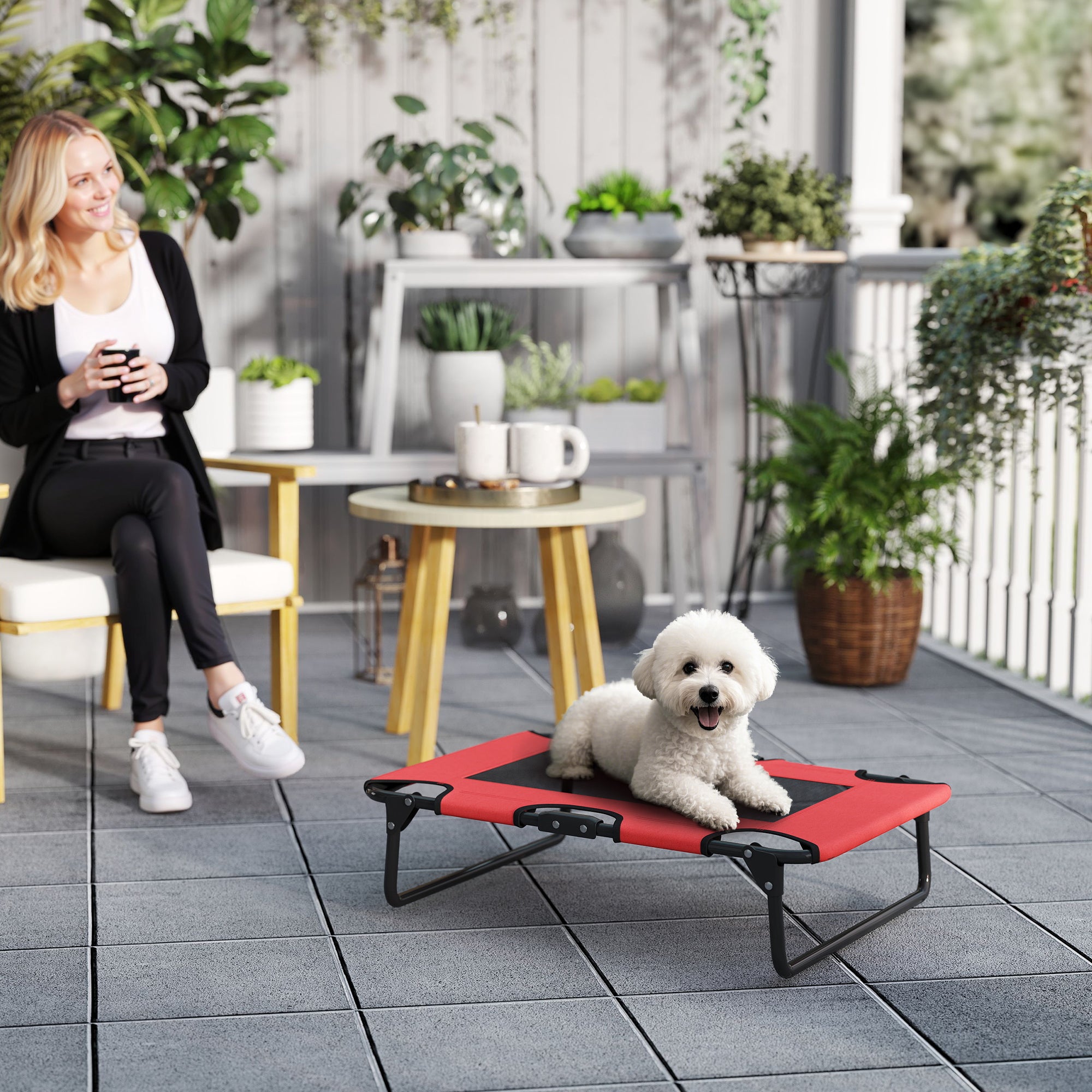 Portable Raised Dog Bed, Elevated Pet Cot with Breathable Mesh for Indoor Outdoor, for Small Medium Dogs, Red