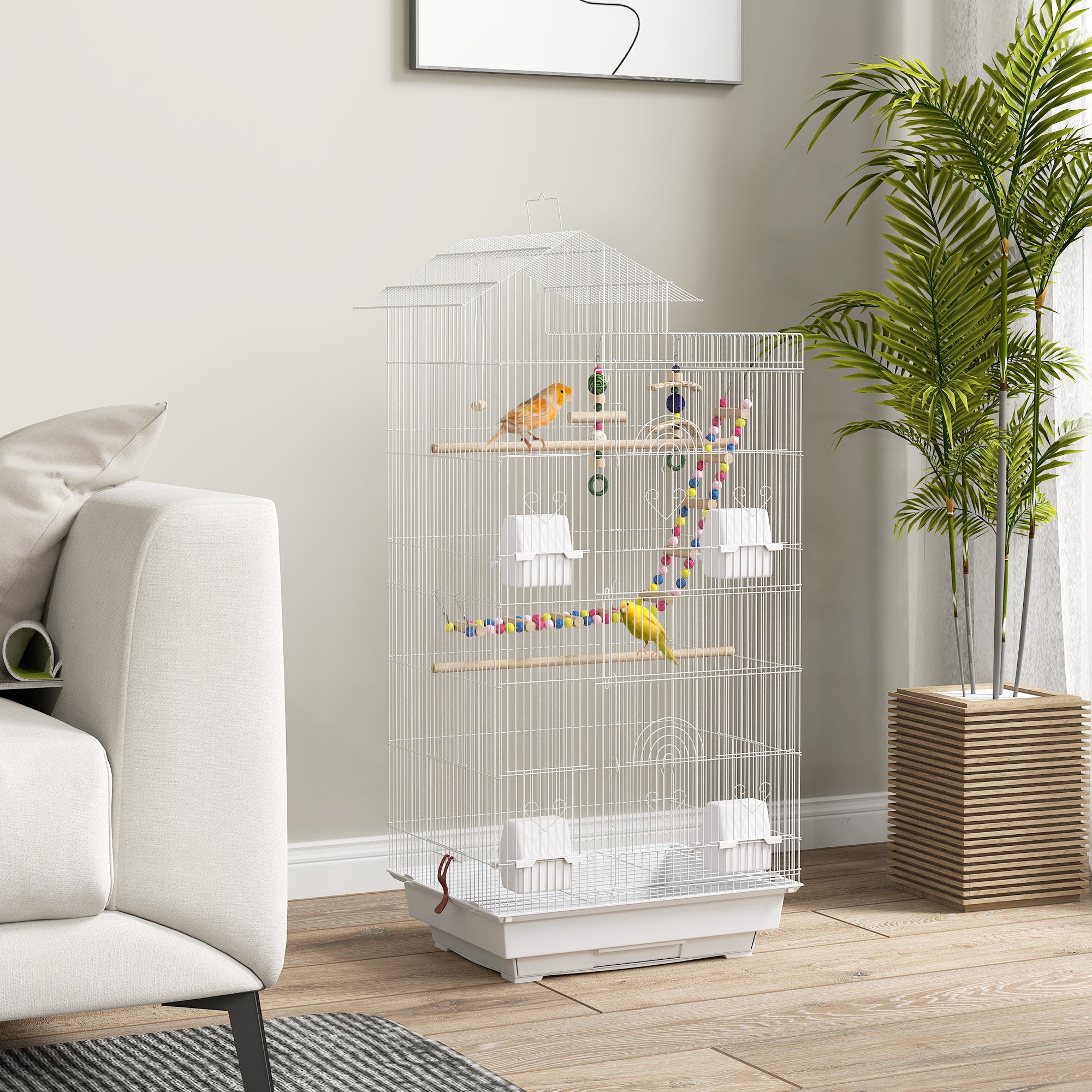 Bird Cage for Budgies, Finches & Canaries with Accessories and Tray - White