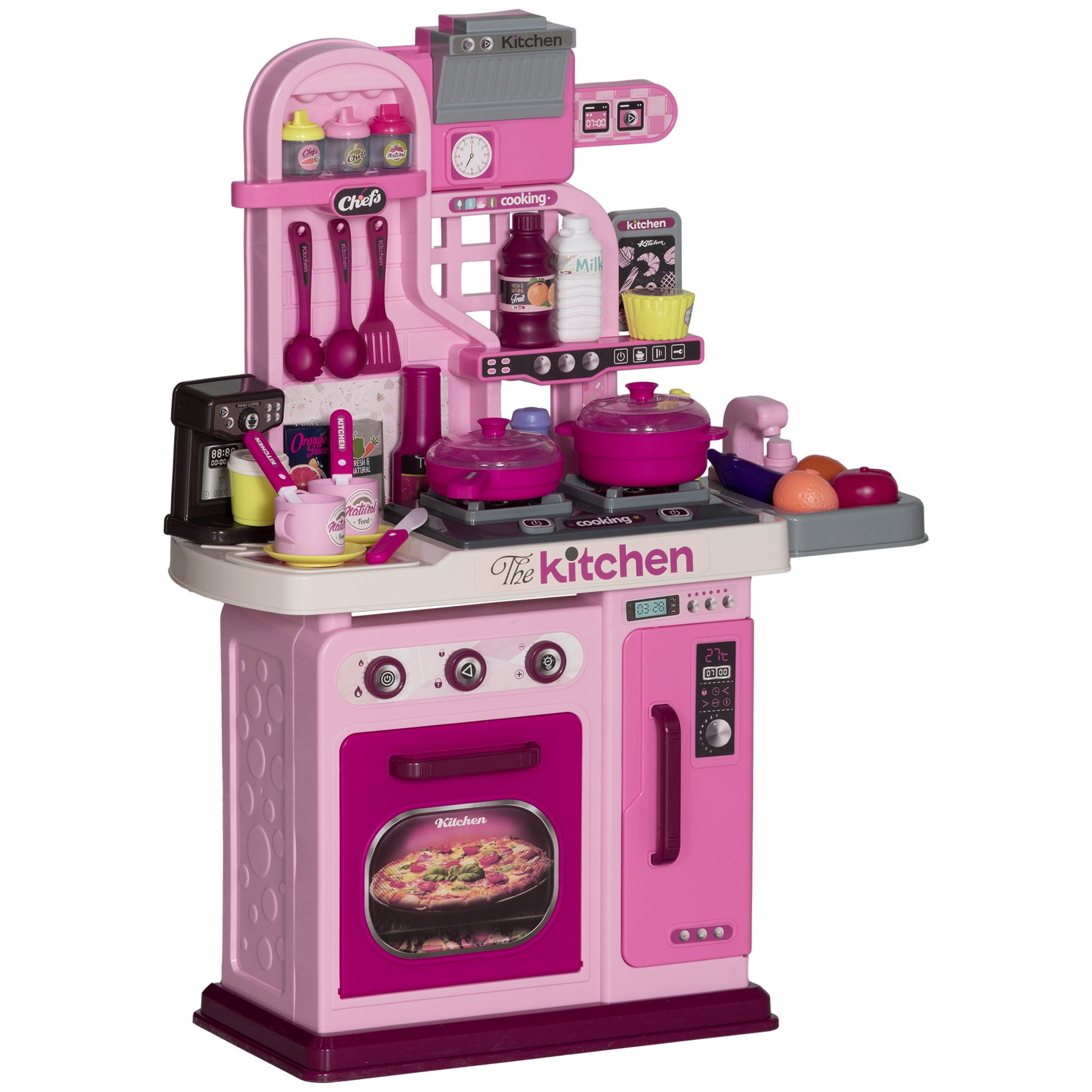 Kids Kitchen with 33 Piece Accessories, Lights, Sounds, Storage, for Children 3-6 Years, Pink