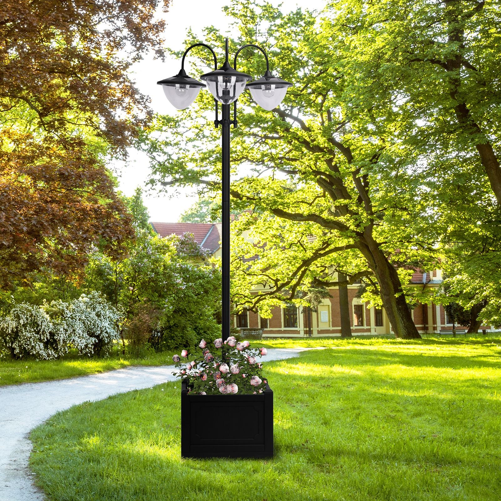 3 Head Solar Lamp Post with Planter 189cm Black Outdoor LED Lighting