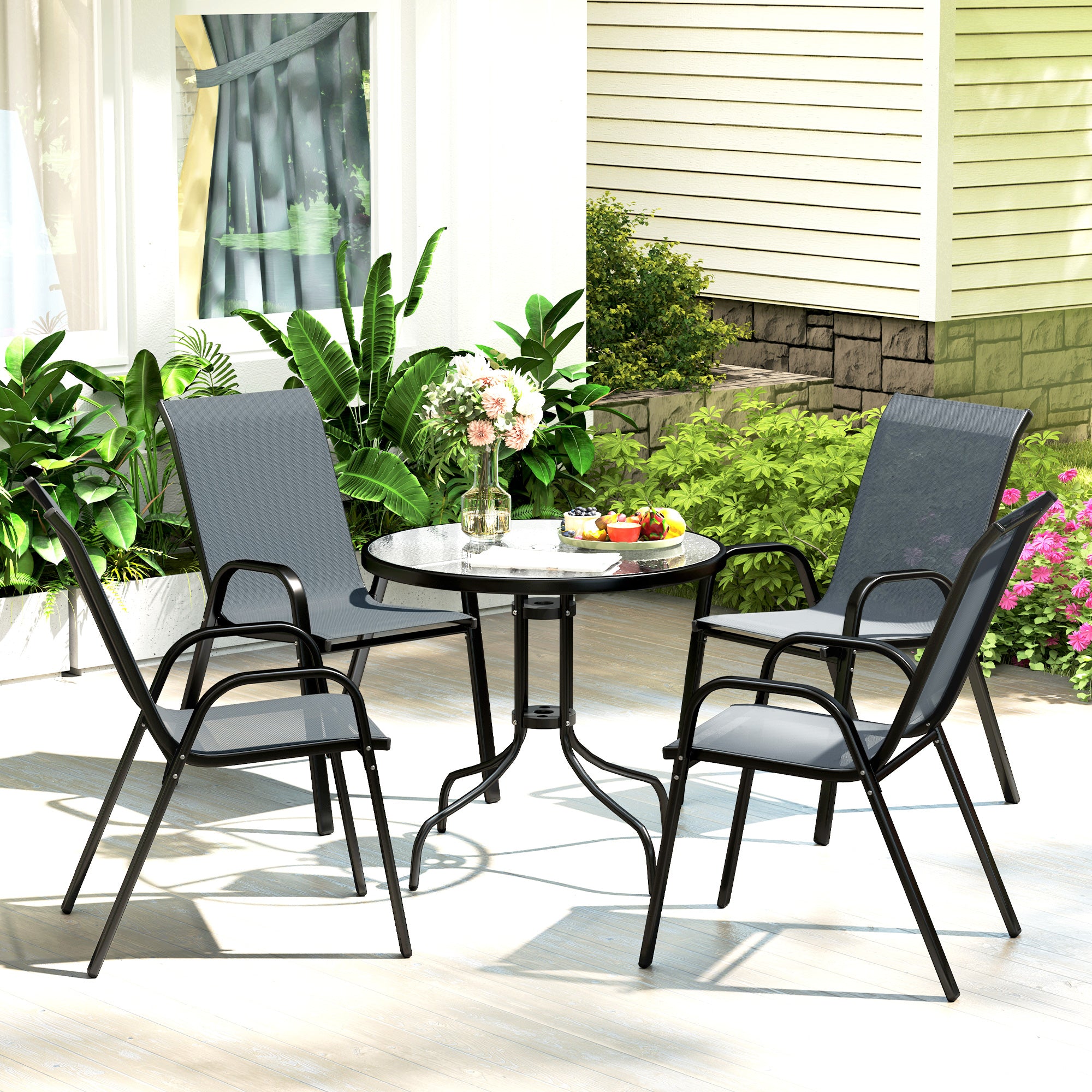 Five-Piece Steel Patio Set with Glass-Top Table - Dark Grey