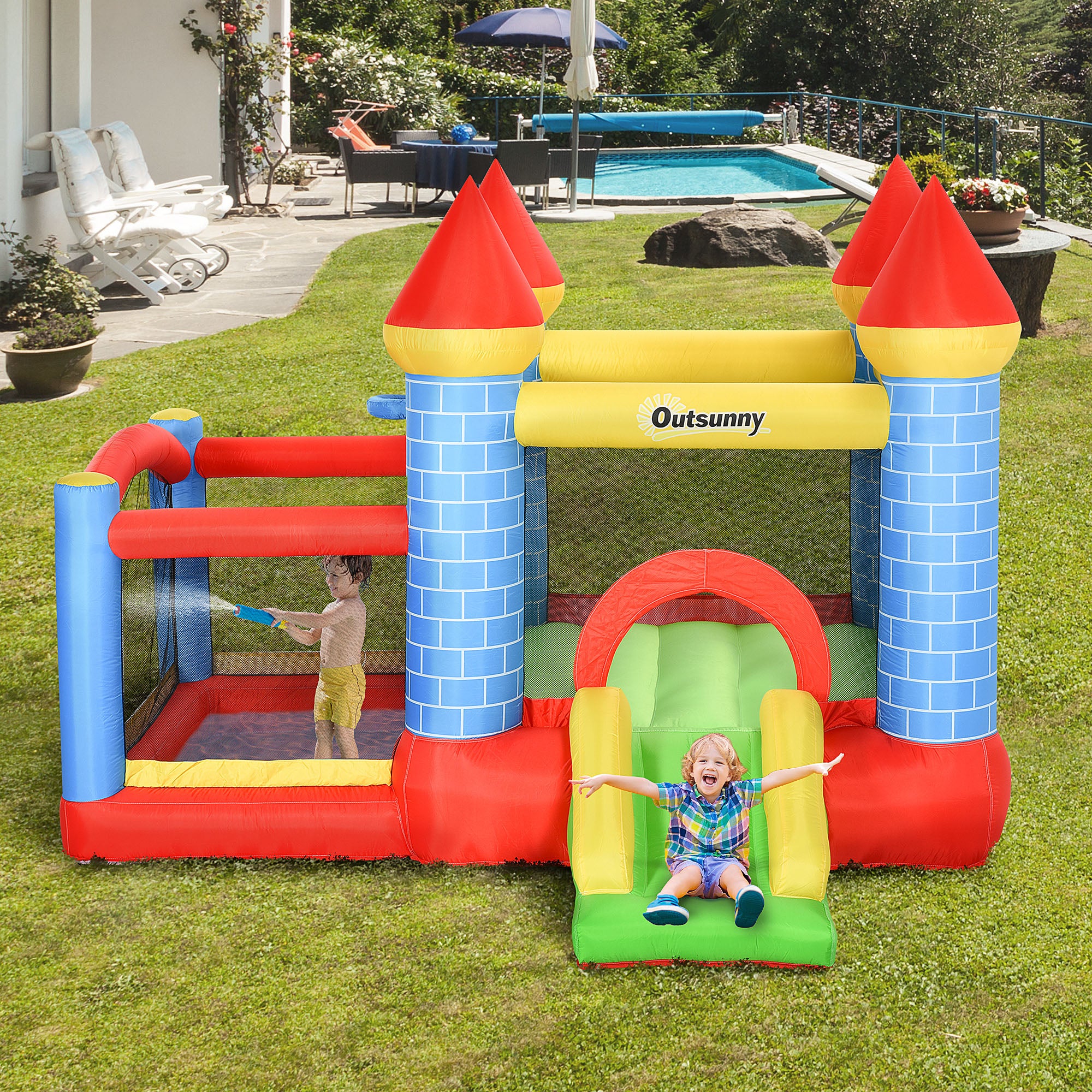Kids Bounce Castle Inflatable Trampoline Slide Pool Basket for Kids Age 3-10, 3 x 2.75 x 2.1m