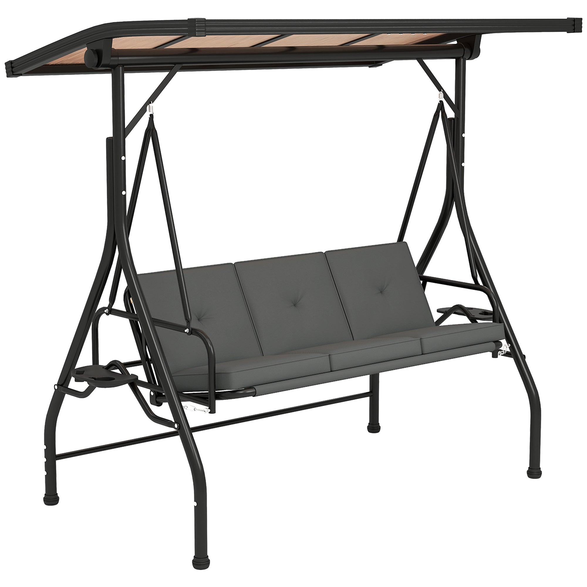 Convertible Three-Seater Swing Bench with Adjustable Canopy and Cup Trays - Dark Grey