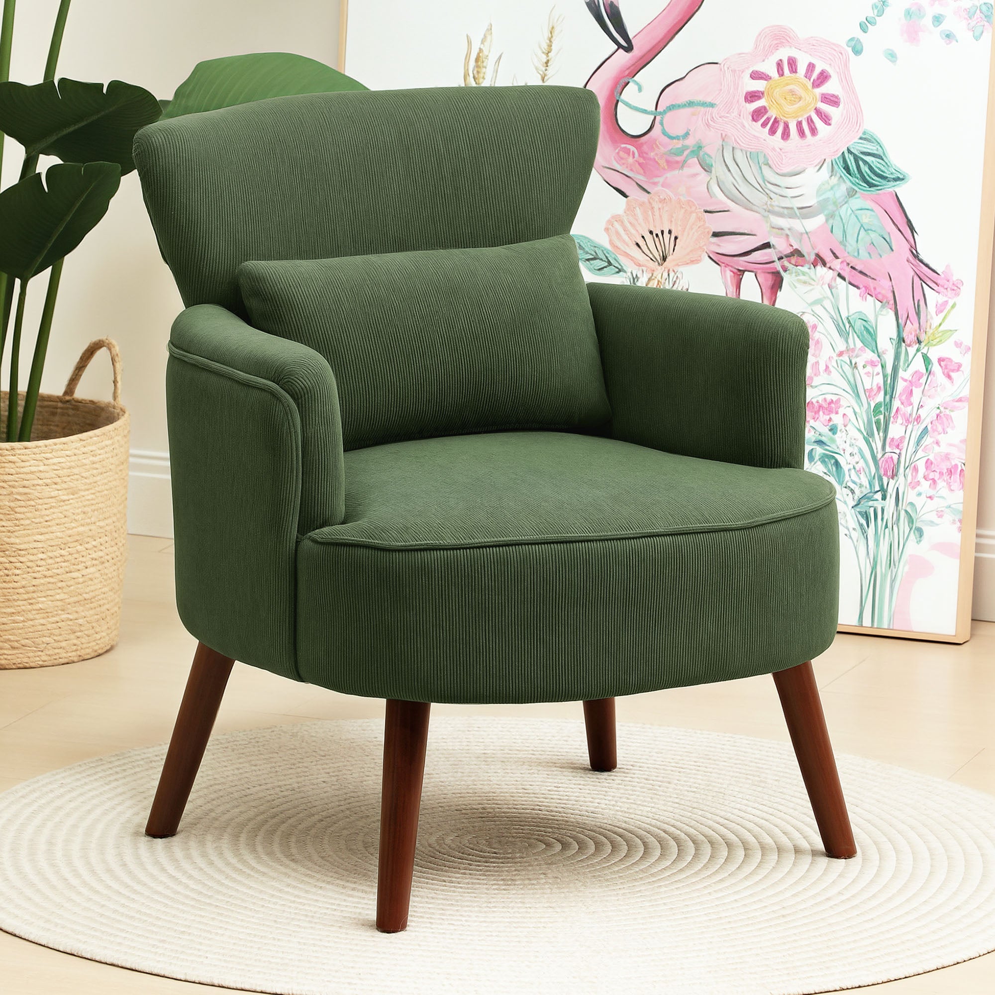 Corduroy Retro Wingback Accent Chair with Cushion - Green