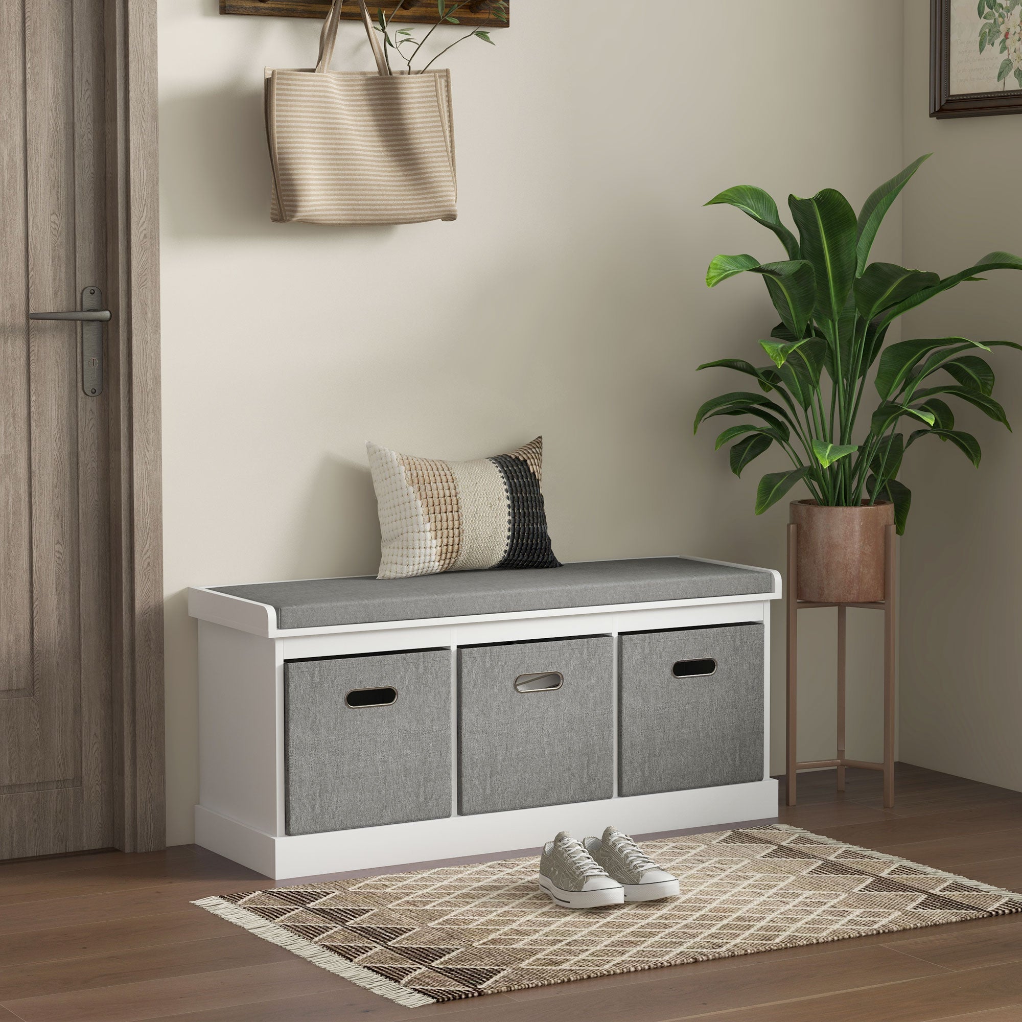 Three-Drawer Shoe Storage Bench, with Padded Top Seat - White
