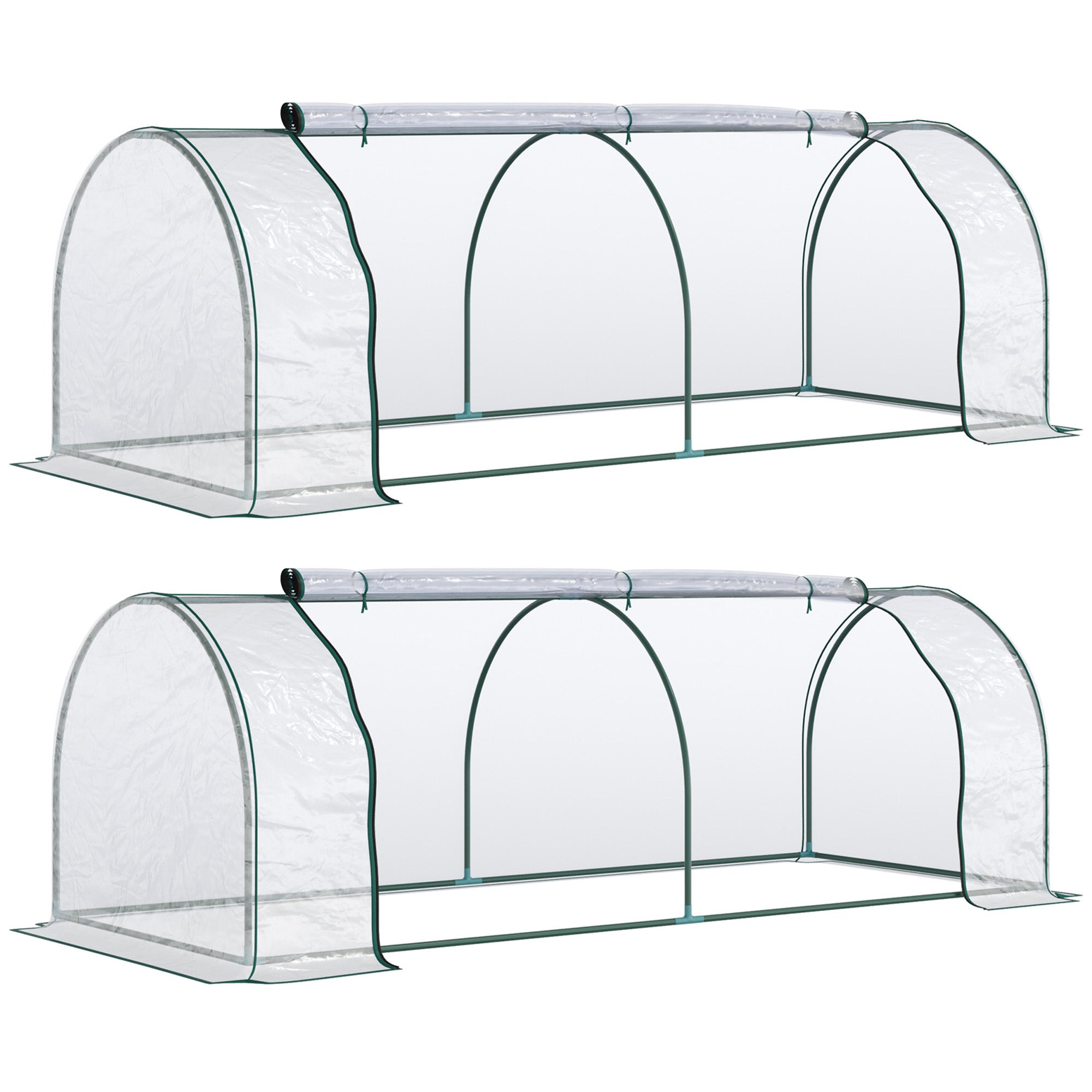 Set of 2 Portable Tunnel Greenhouses with Steel Frame and Roll-Up Door - Clear