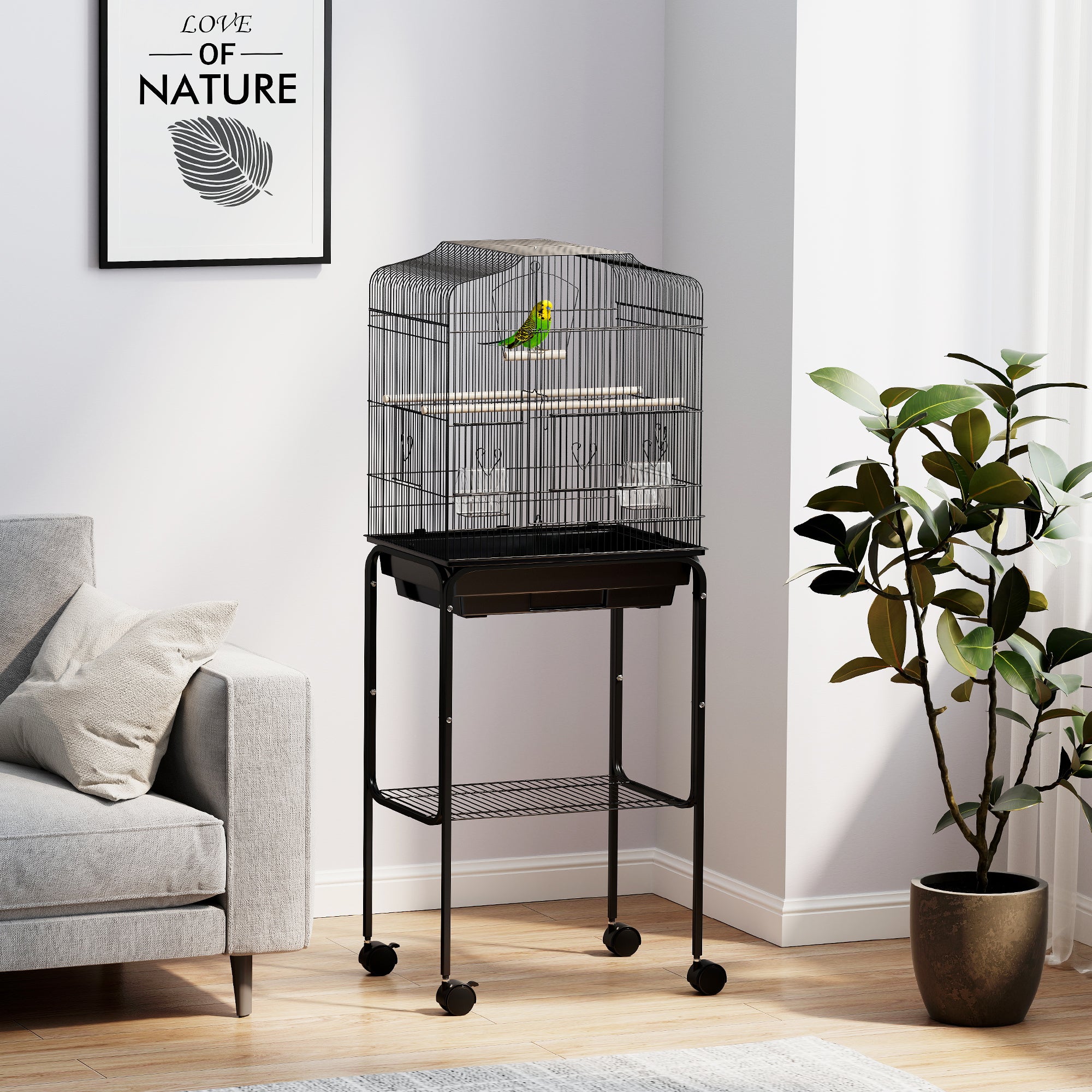 Budgie Finch Canary Parakeet Bird Cage with Stand, Wheels, Slide-Out Tray & Storage Shelf - Black