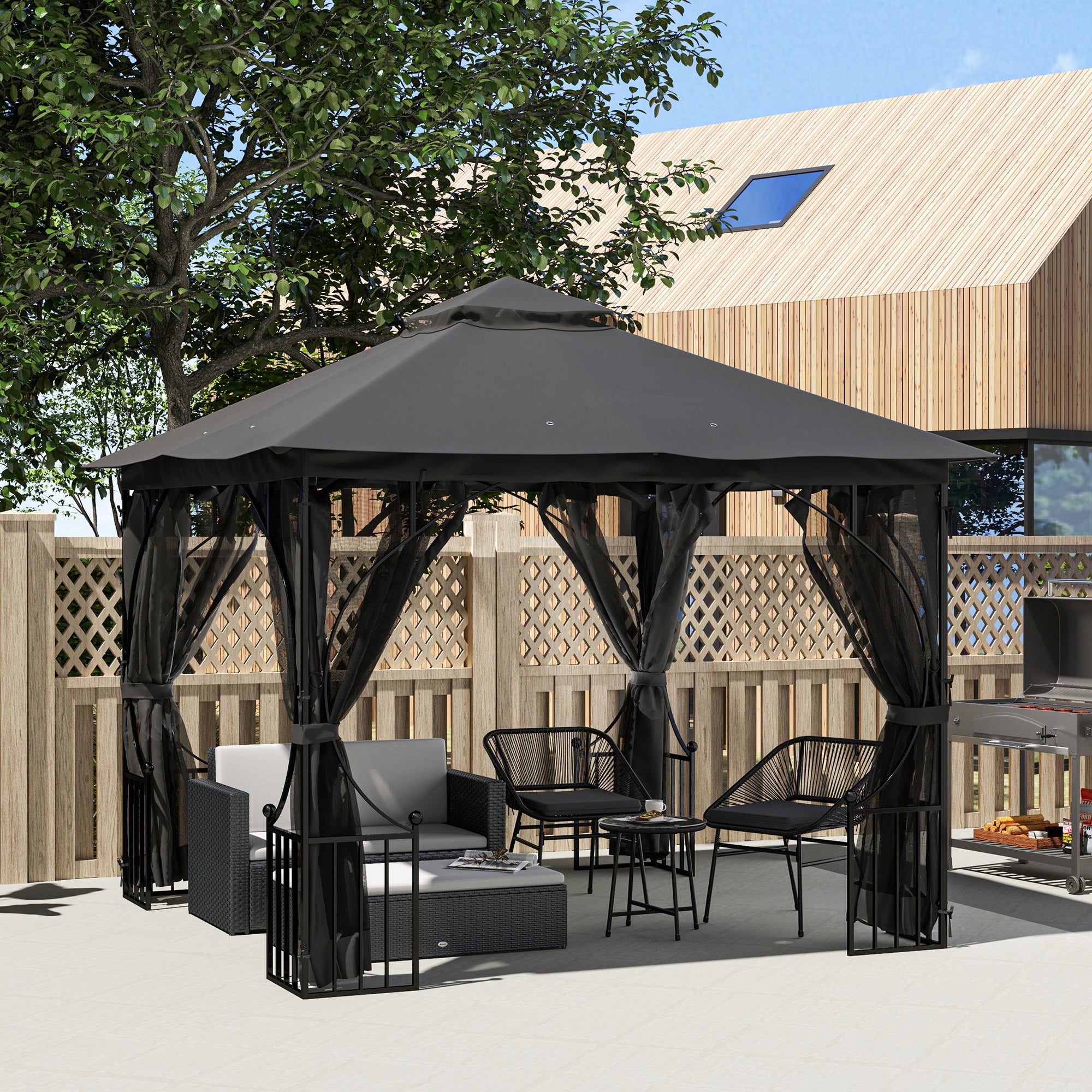 3 x 3 Metre Garden Gazebo with Double Tier Sun Shade - Dark Grey