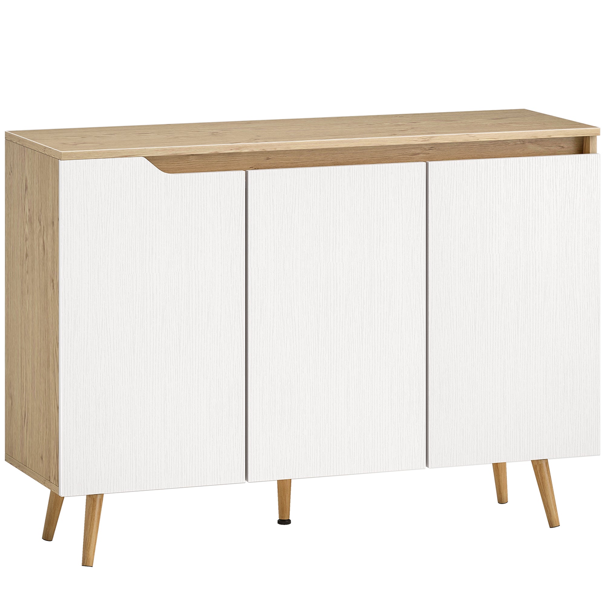 Sideboard Storage Cabinet, Kitchen Cupboard with 3 Doors, 2 Adjustable Shelves and 5 Rubberwood Legs, White and Oak
