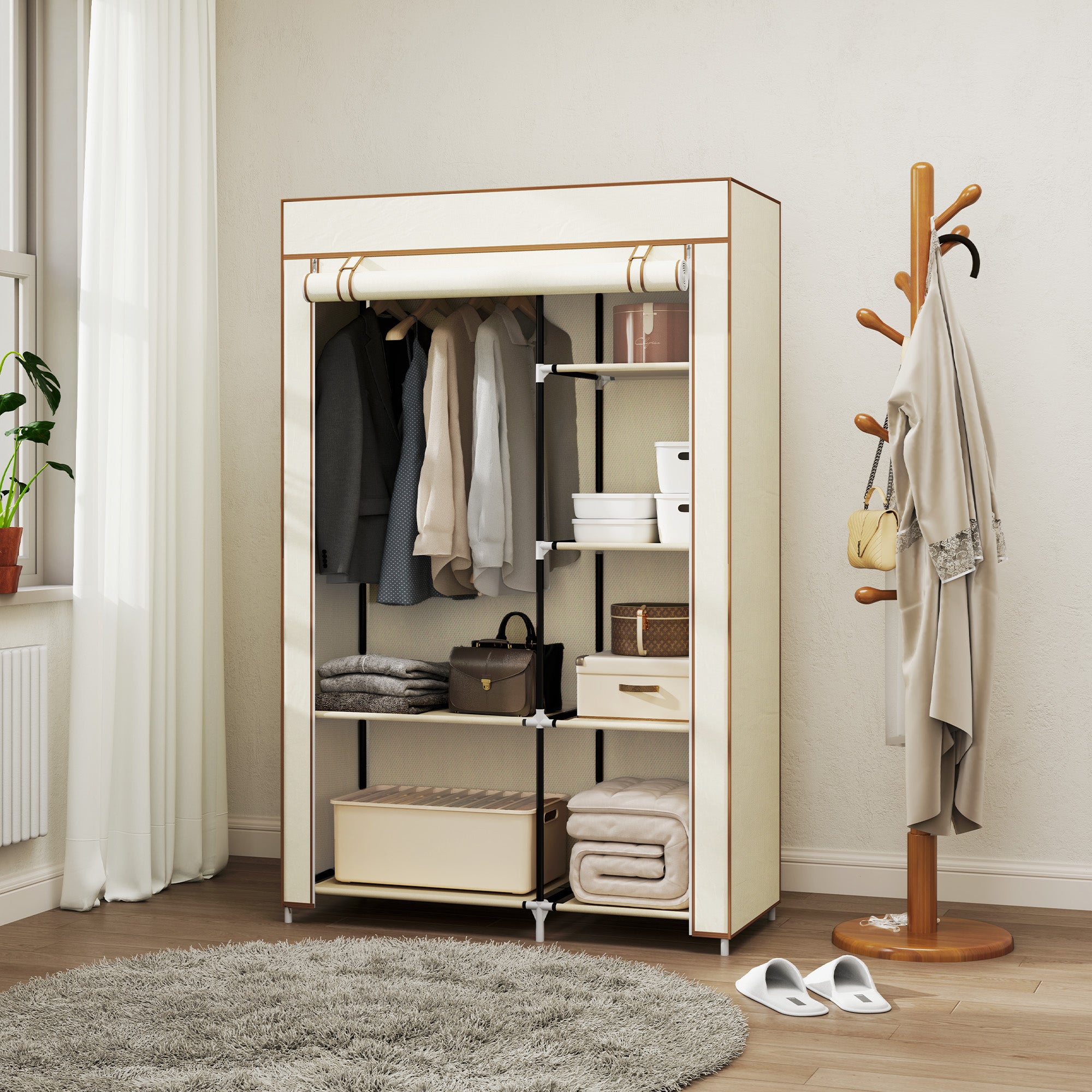 Portable Fabric Wardrobe with 6 Shelves and Hanging Rail - Cream White