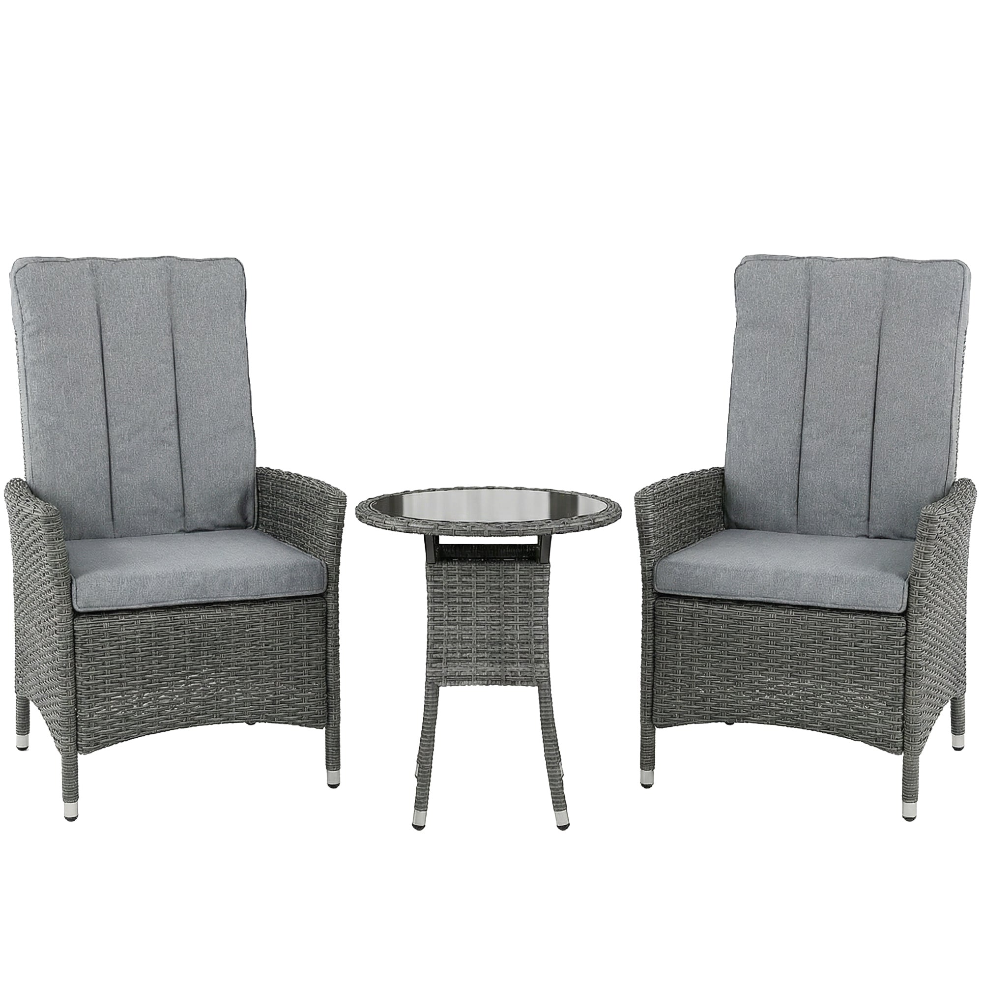 Rattan Bistro Set, Reclining Garden Chairs and Glass Coffee Table with Cushions for Patio Balcony Porch, Grey